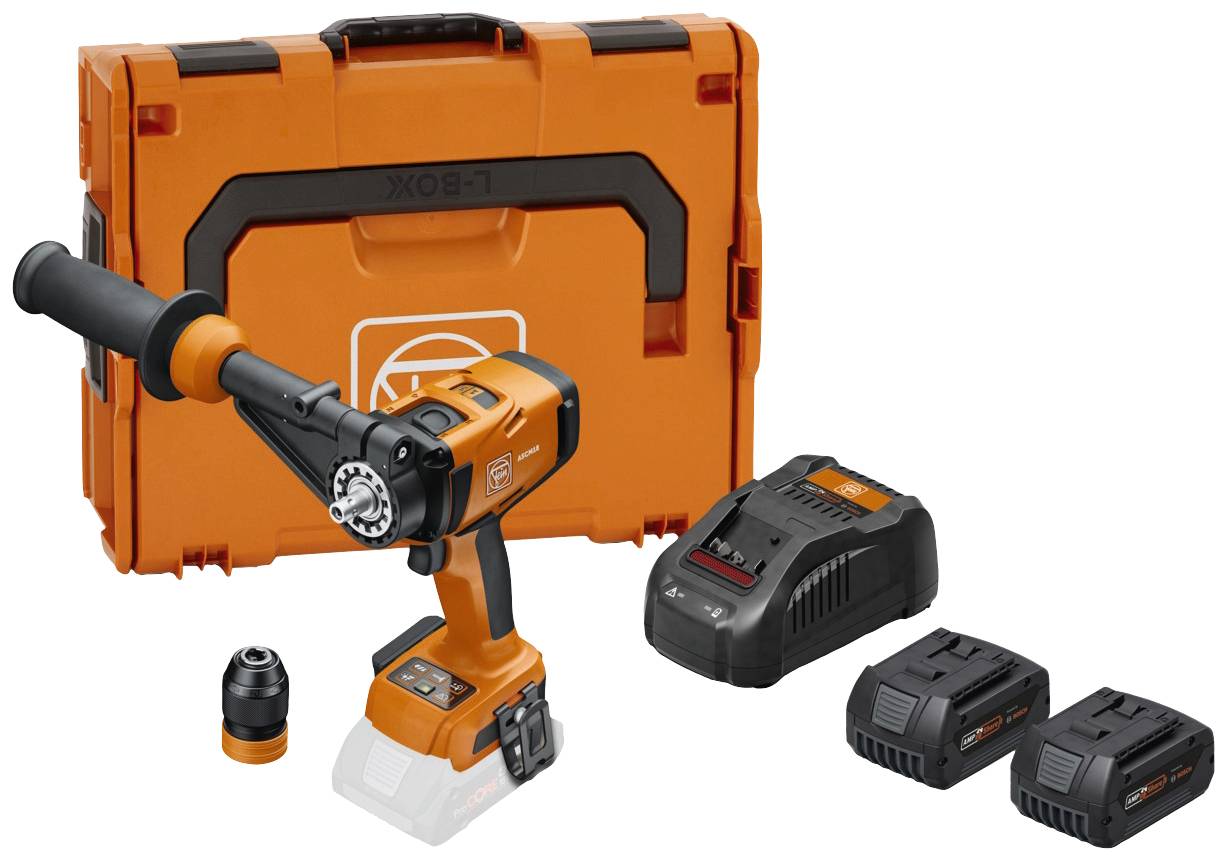 An orange cordless drill with a case, two batteries, charger and auxiliary handle. Perfect for professional construction work and home projects.