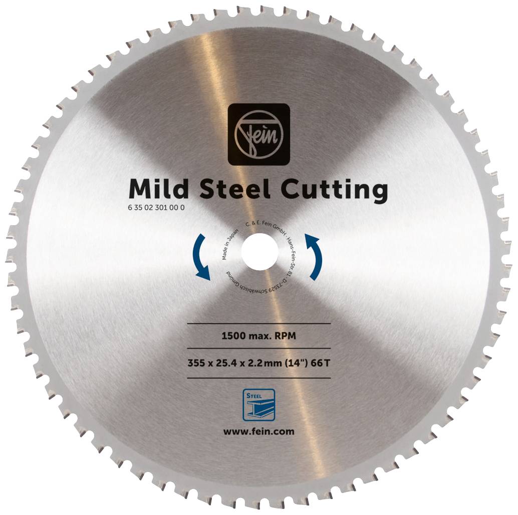 Circular saw blade with the inscription 'Mild Steel Cutting'. Max. 1500 rpm, Size 355 x 25.4 x 2.2 mm, 66 teeth.