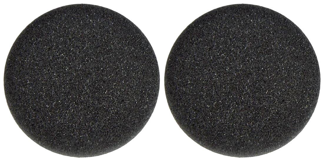Two black, round foam microphone covers side by side, on a white background.