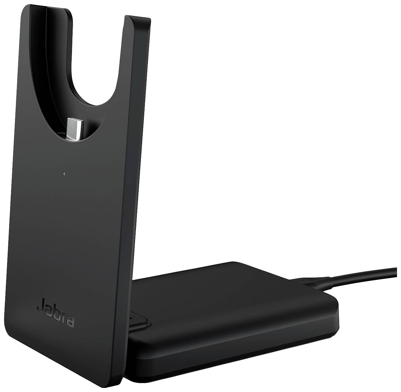 Docking system in black plastic with USB-C port and cable. Designed for wireless device charging.