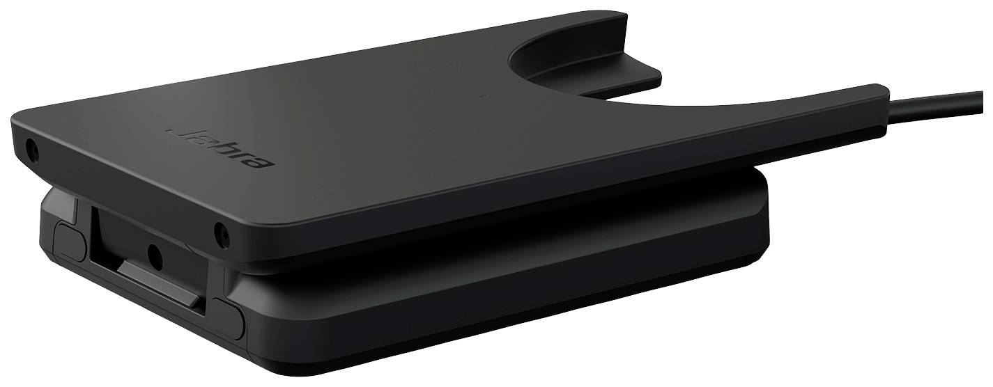 Black, rectangular device with rounded edges and an indentation on the top surface; potentially a charger or adapter.