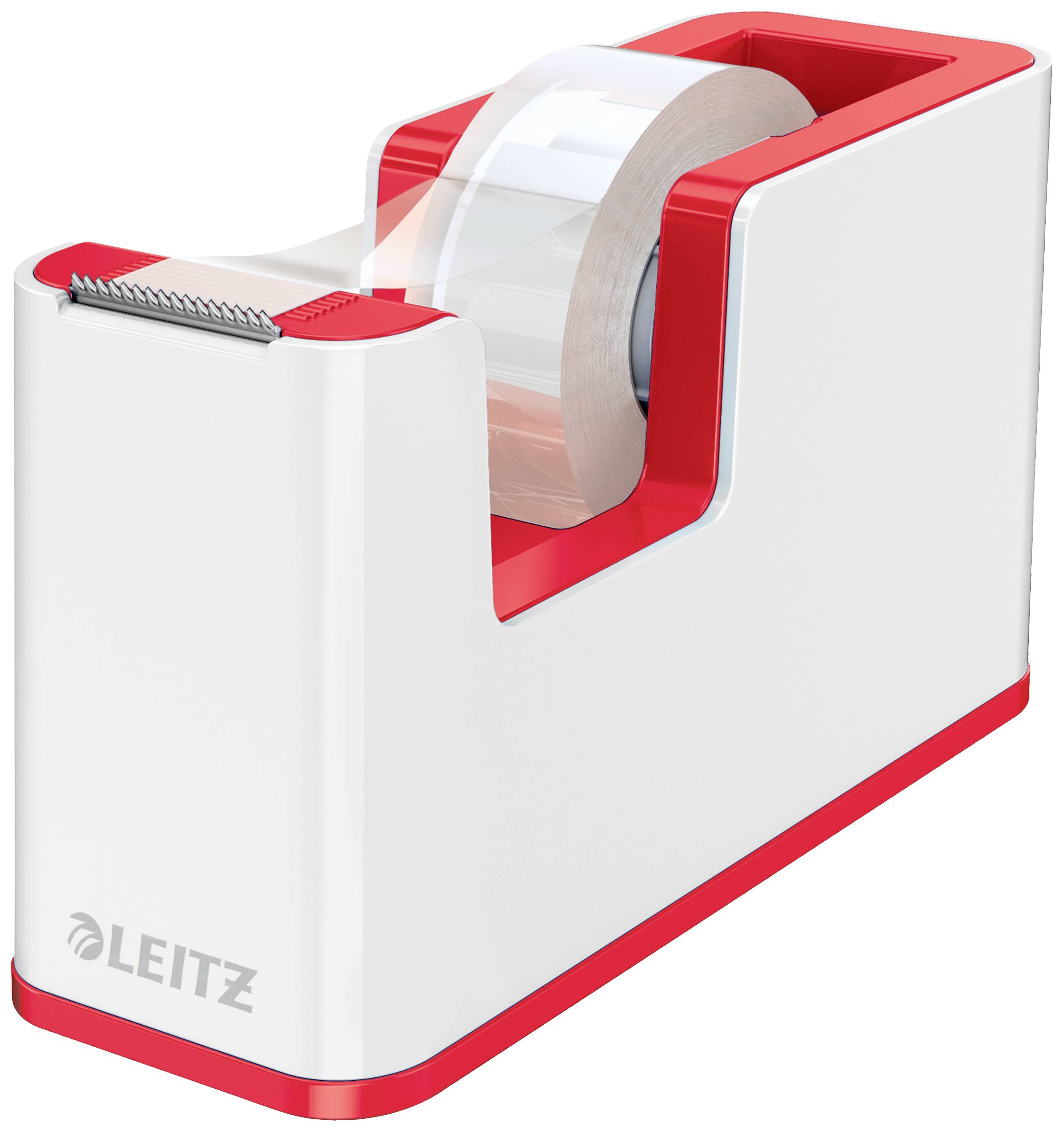 A white and red adhesive tape dispenser by the brand 'Leitz' with a built-in metal cutter.