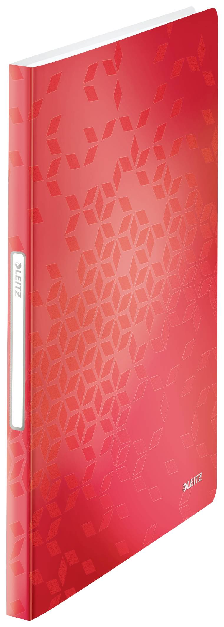 A red notebook with a geometric pattern on the cover, positioned vertically.