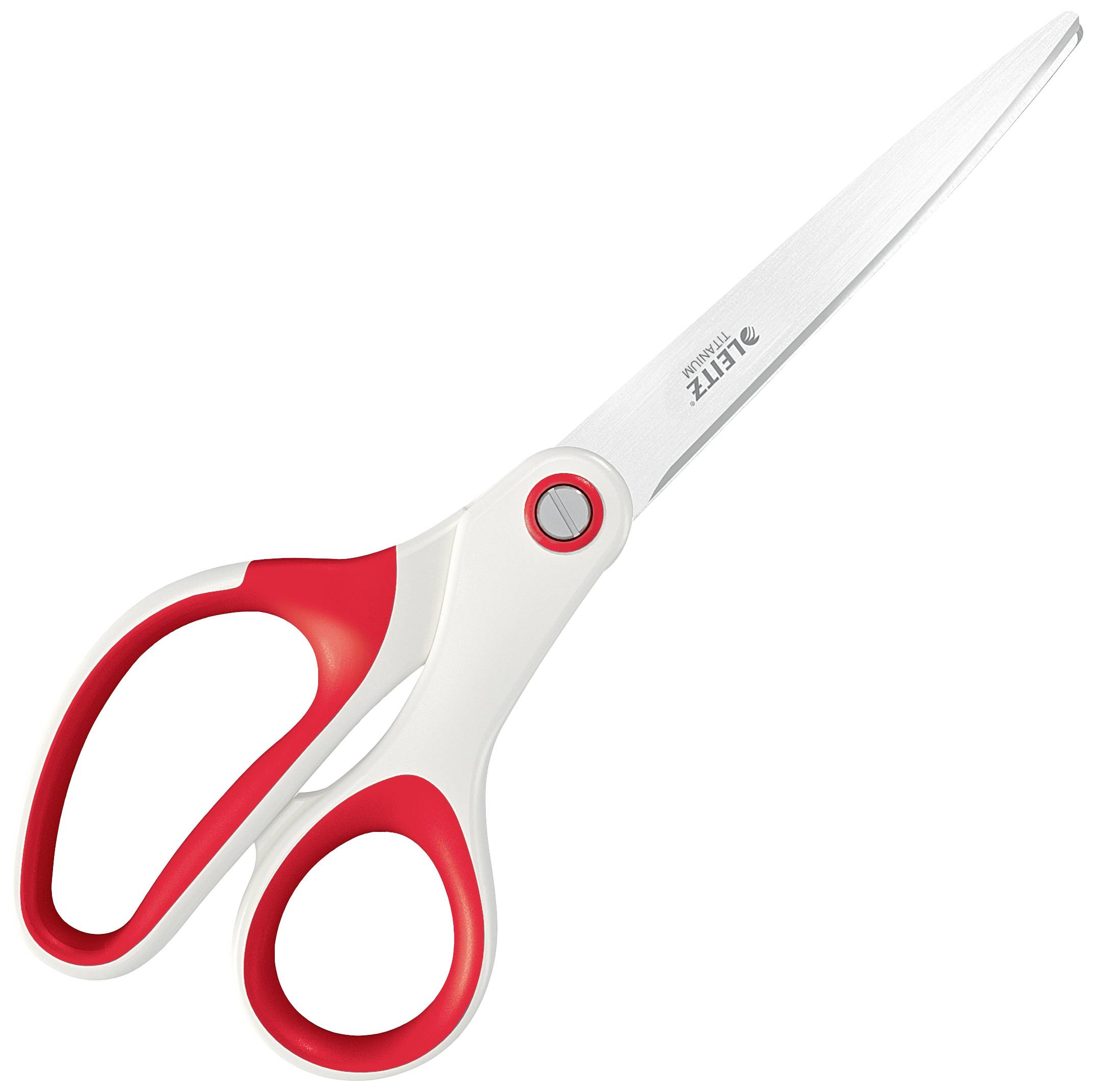 A pair of scissors with a white handle and red accents. The blade is long and made of metal, suitable for cutting tasks.
