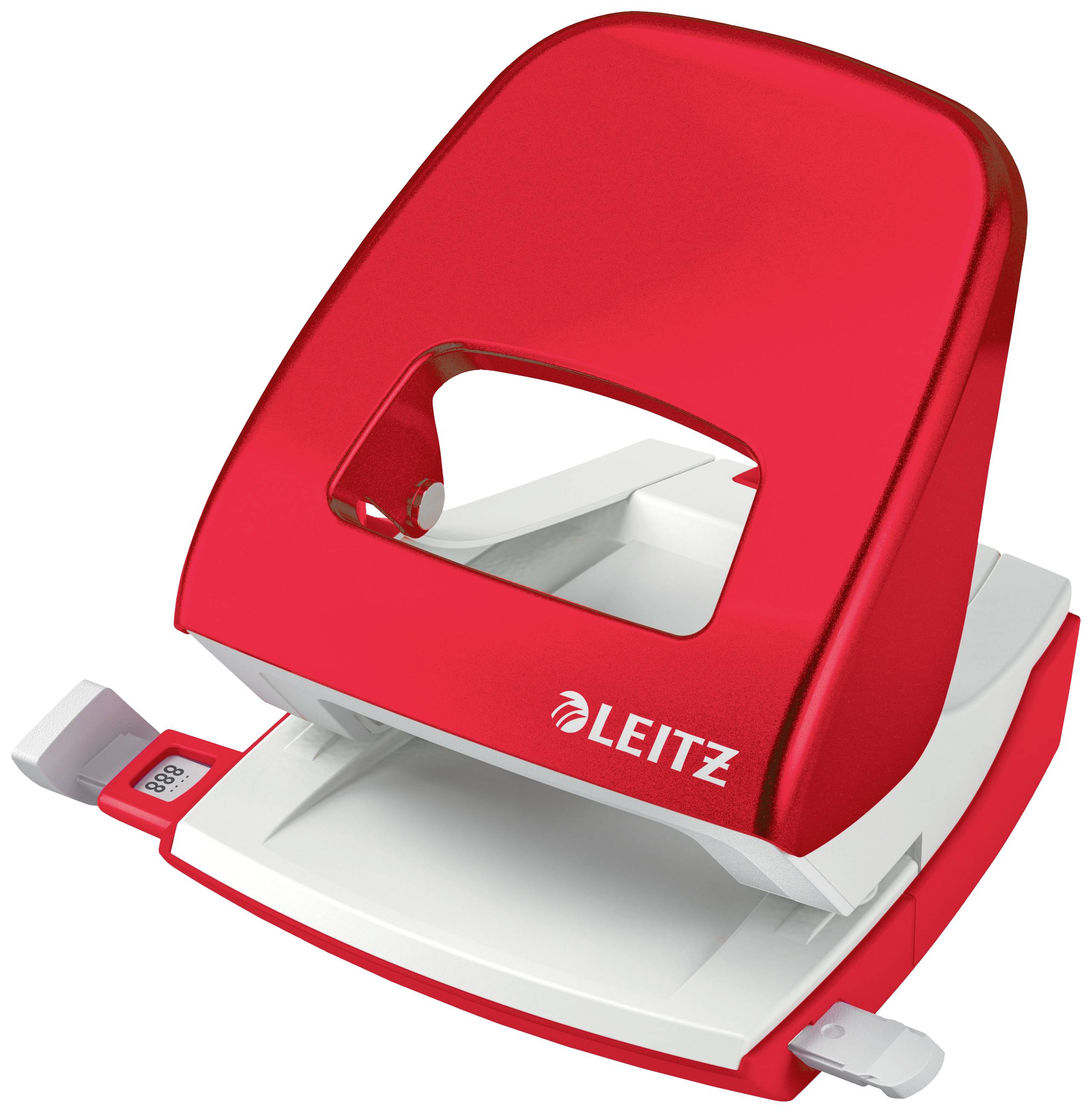Red Leitz hole punch on a white background. Primarily used for punching holes in paper for lever arch files.