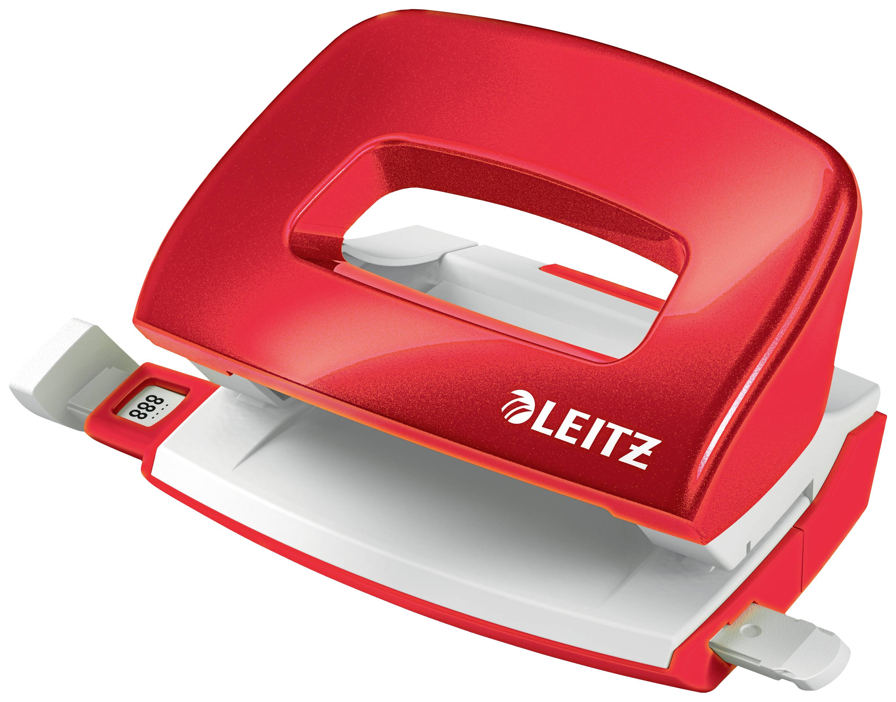 A red Leitz hole punch, unfolded, lies on a white background.