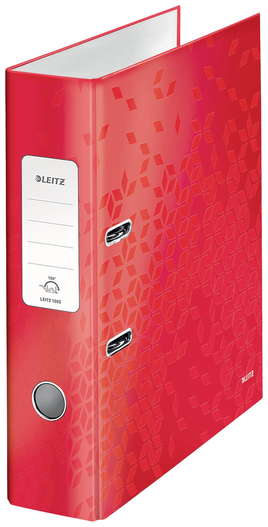 A red Leitz folder with a geometric pattern, two metal lever arch mechanisms and a circular grip hole on the side.