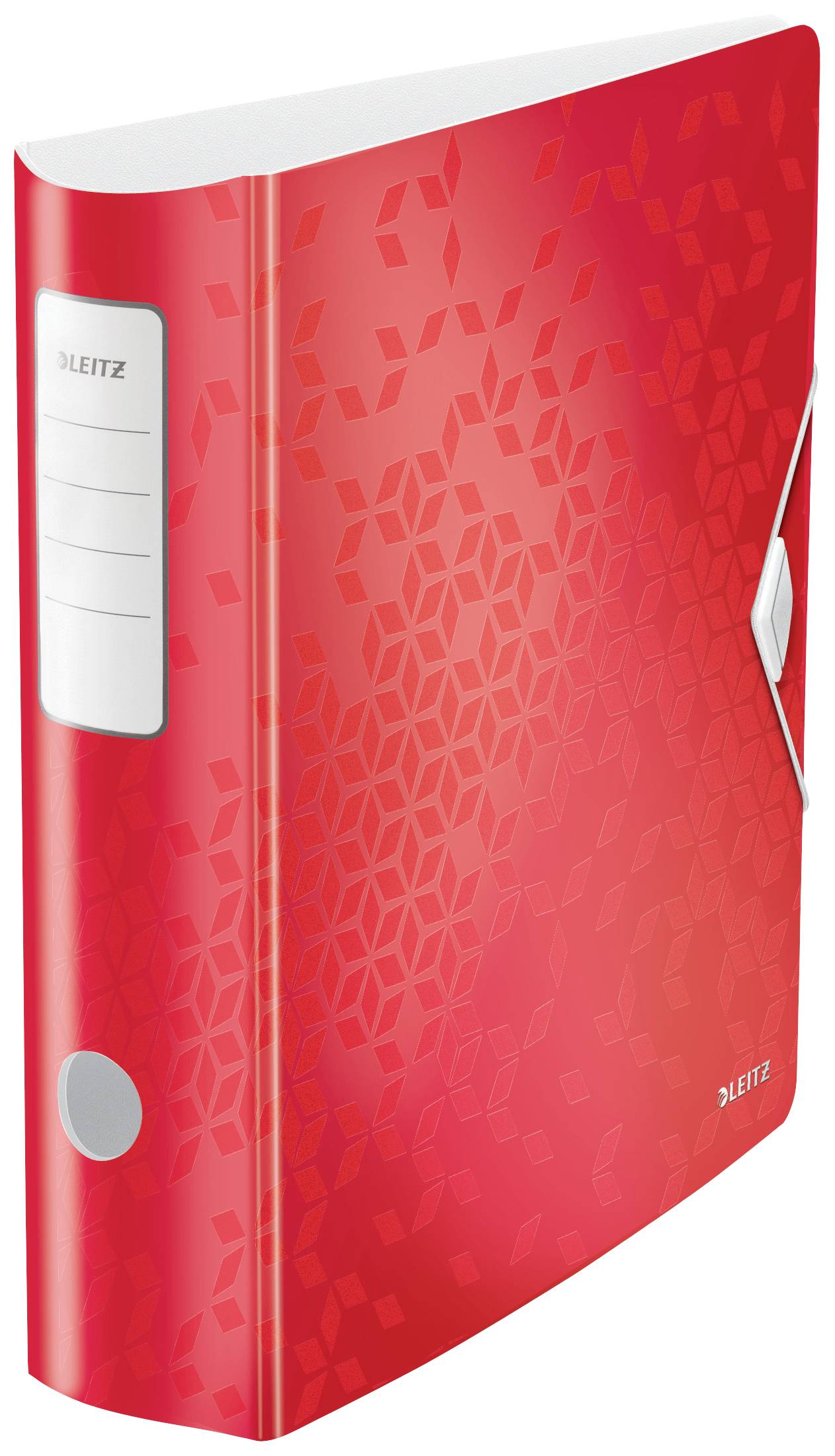 A red Leitz folder with a geometric pattern on the cover. The folder has a label for writing and a lever mechanism.