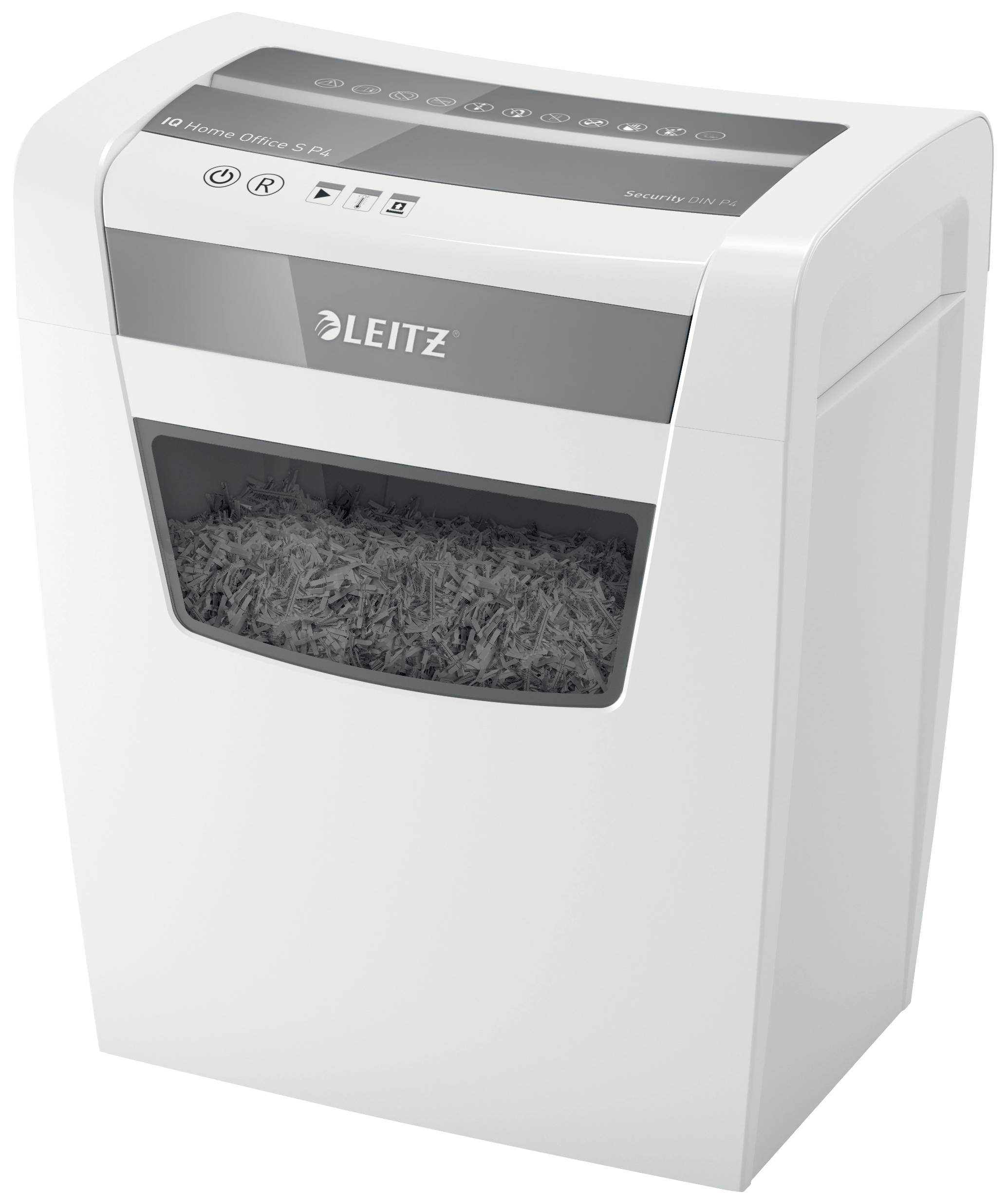 White desktop shredder by Leitz, with shredded waste visible through the window. Suitable for office use.