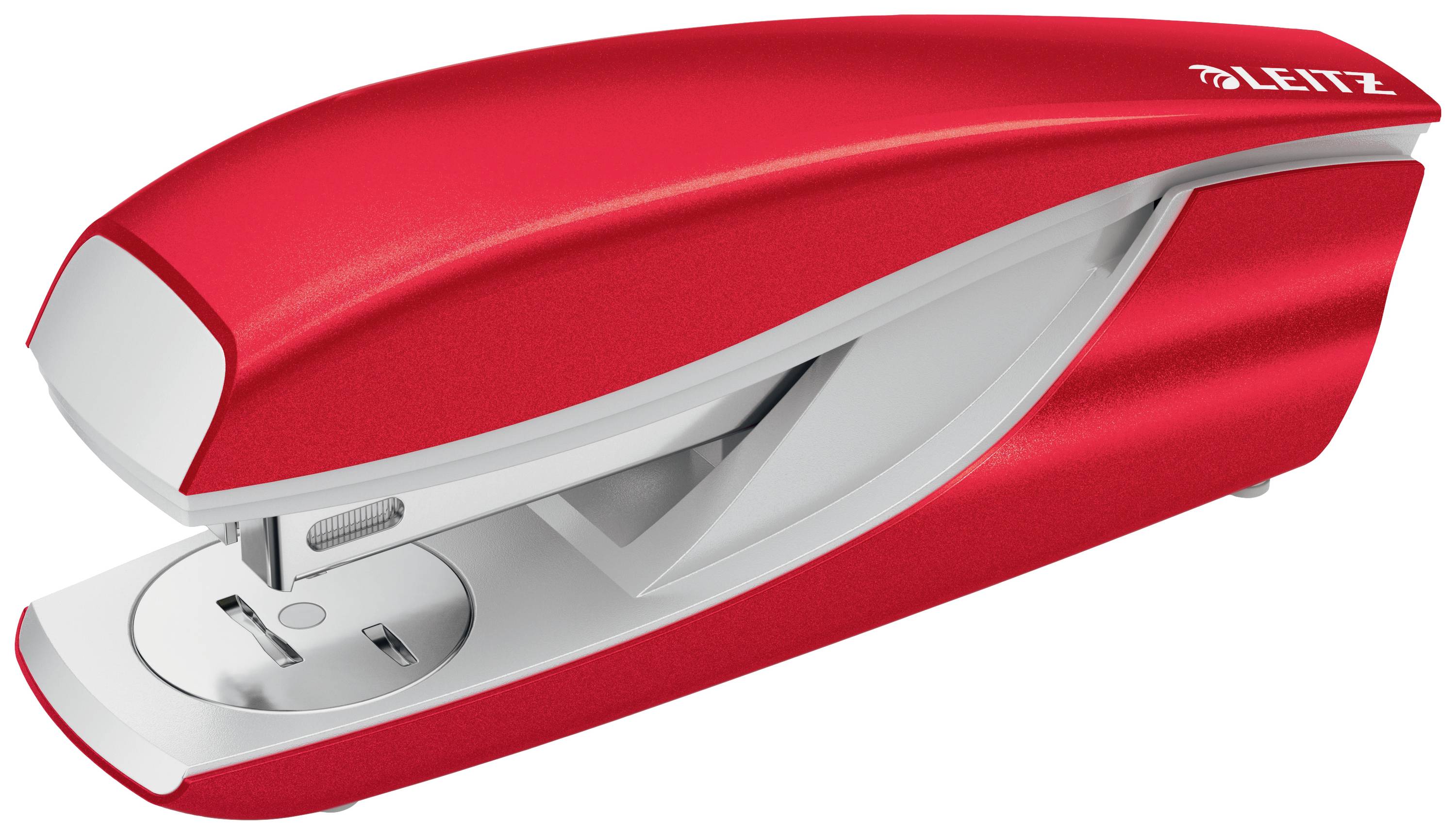 Red Leitz stapler, opened and ready to staple, on a white background.