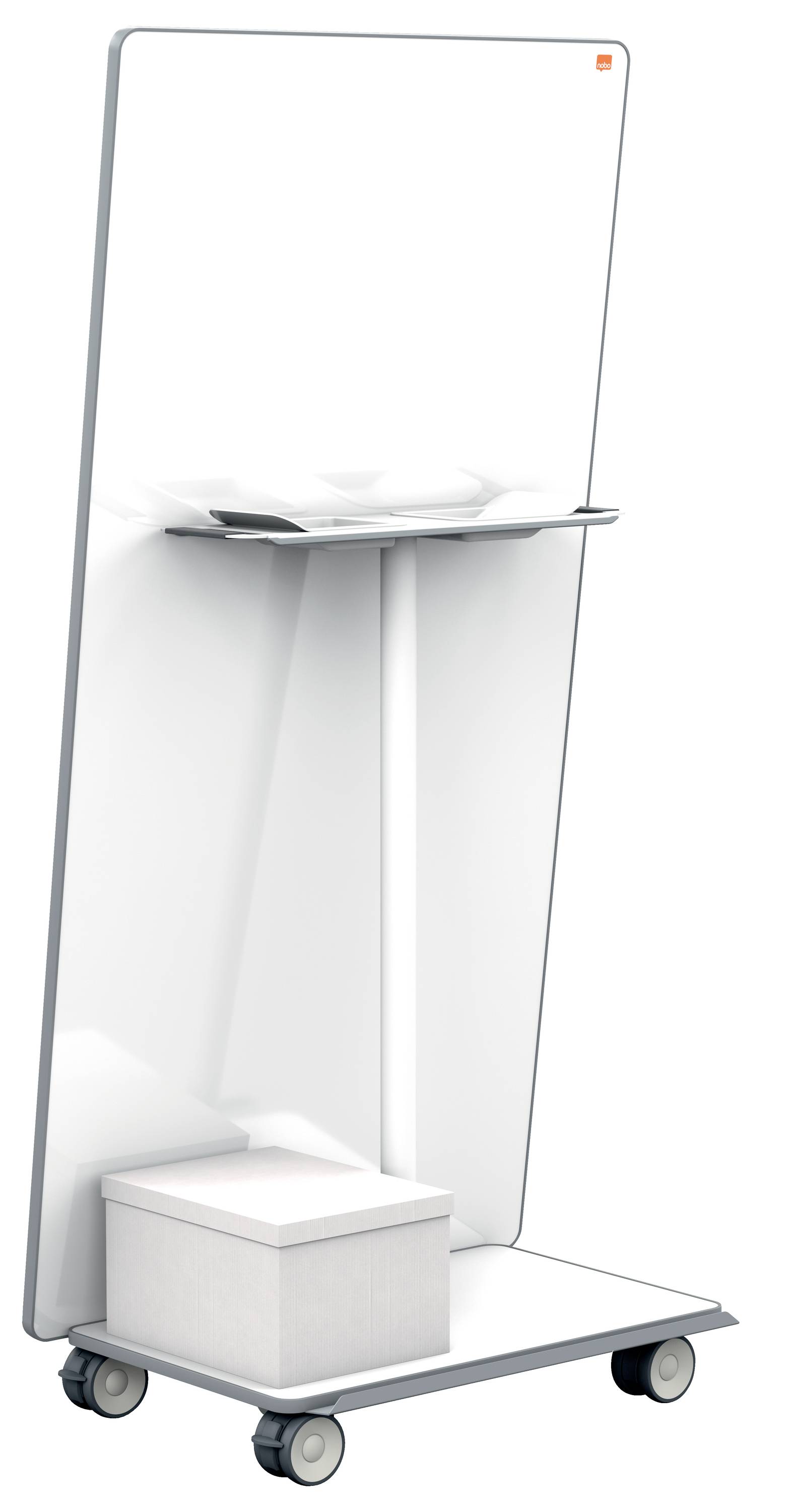 A white, mobile whiteboard with a storage shelf and drawer on castors. Suitable for presentations and meetings.