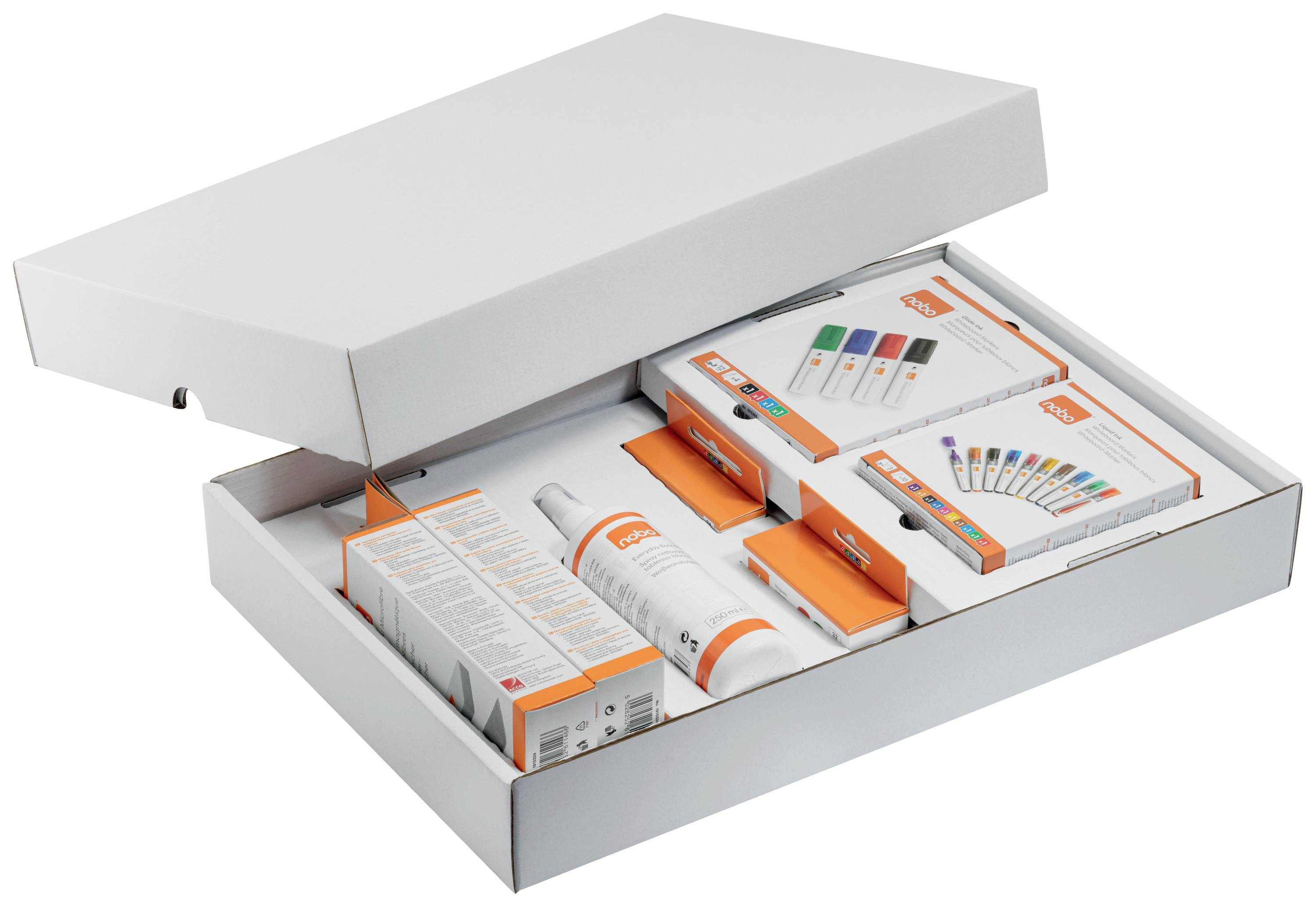An opened white box displays several coloured vitamin products in orange and white packaging. A diverse range of products for health and wellness.