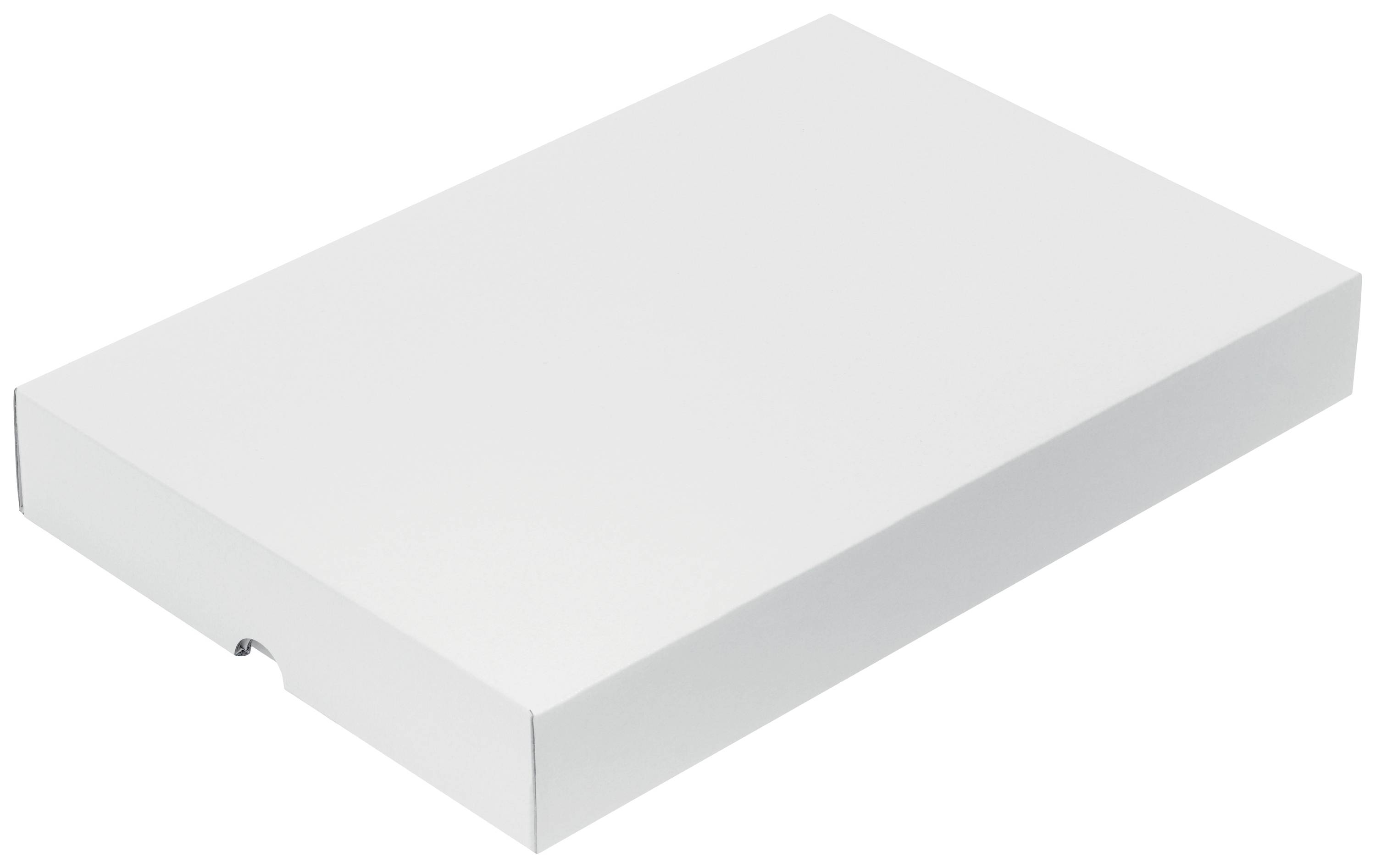 White flat cardboard box on a white background. The box has a tab for opening.
