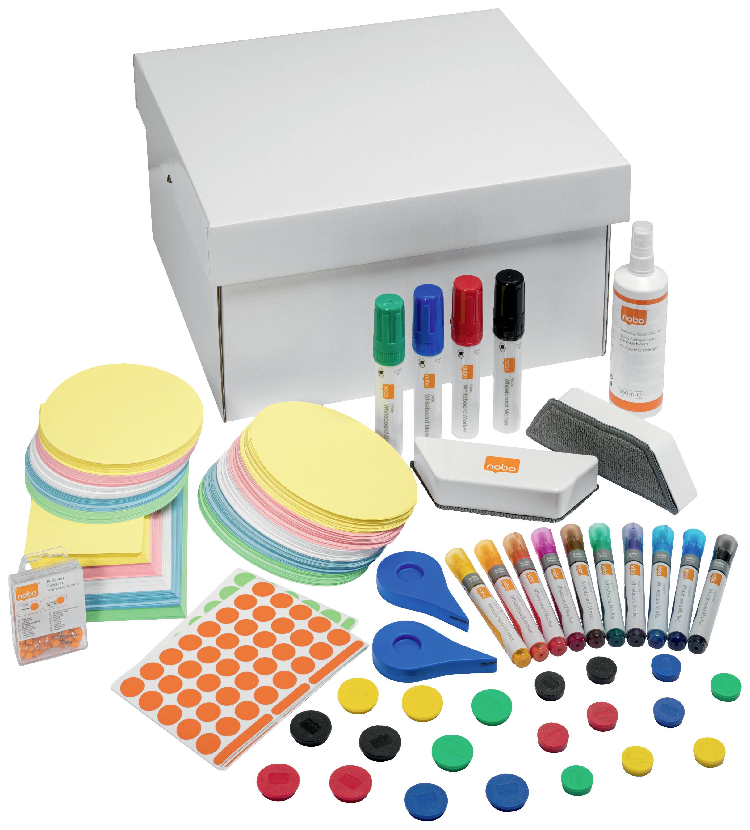 Moderation Kit Note: A box containing moderation materials, including colourful moderation cards, markers, sticky dots, and cleaning accessories.