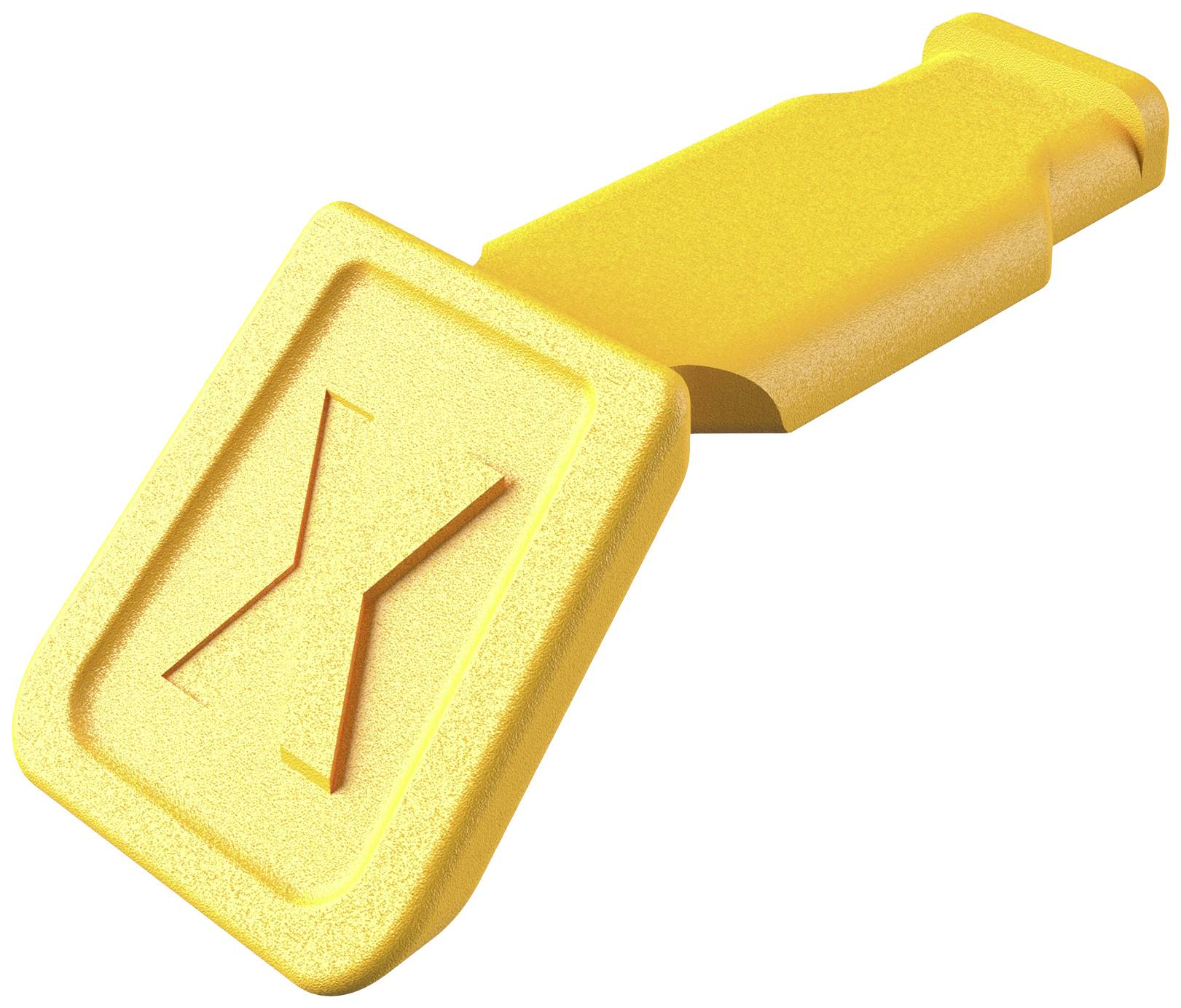 Yellow safety seat belt buckle with engraved 'X'.