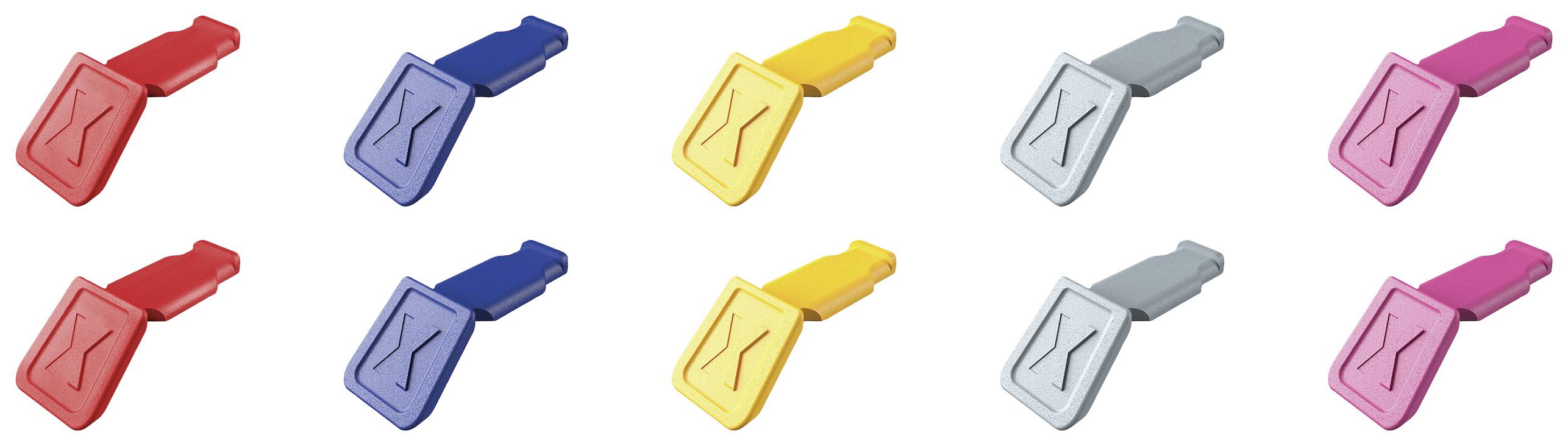 Ten colourful seating spatulas in various colours (red, blue, yellow, grey, magenta) arranged against a white background, positioned in two rows.