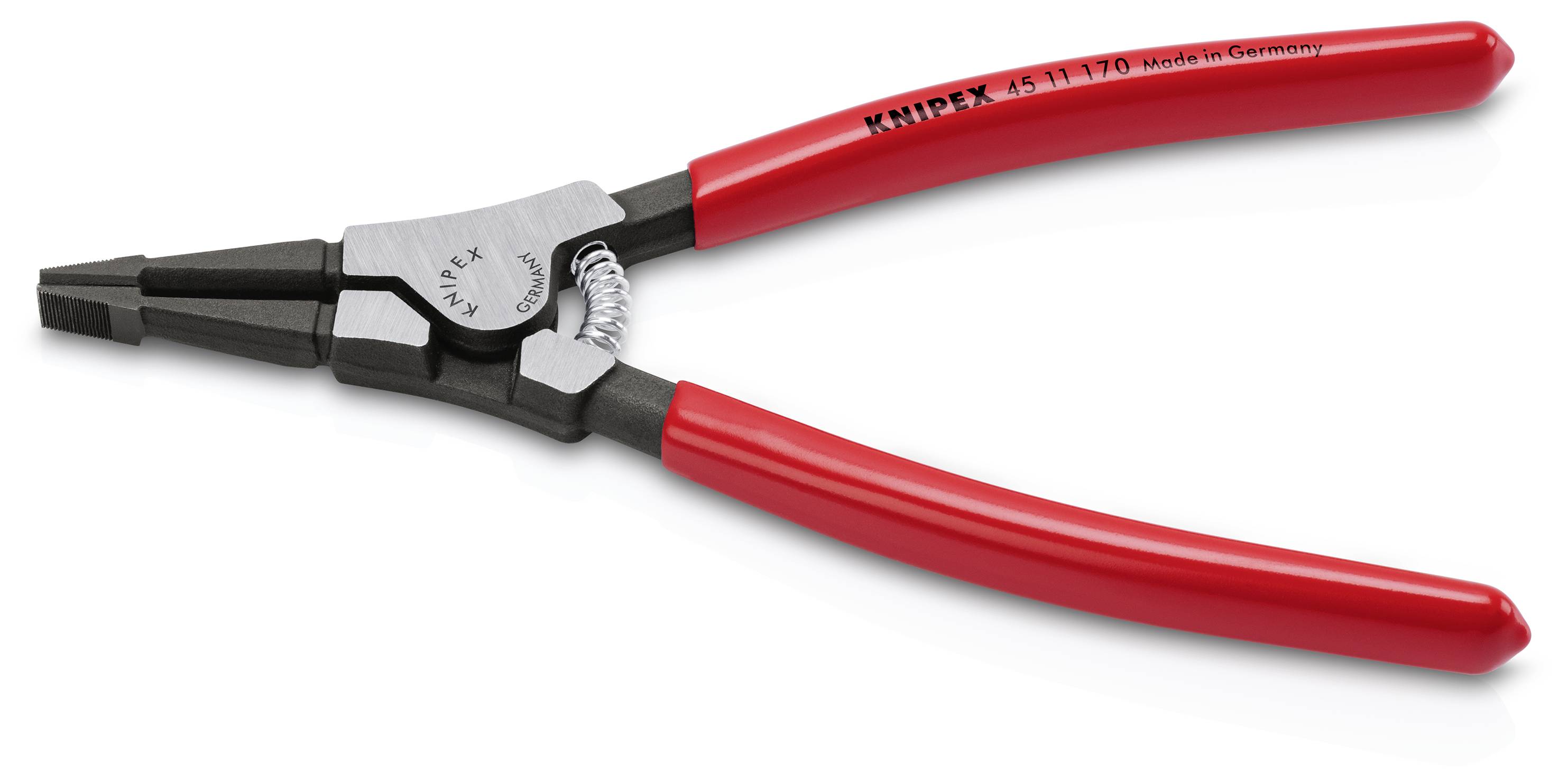 Red pliers with black handle and 'KNIPEX' logo. Tools for gripping and bending. Origin: Germany.