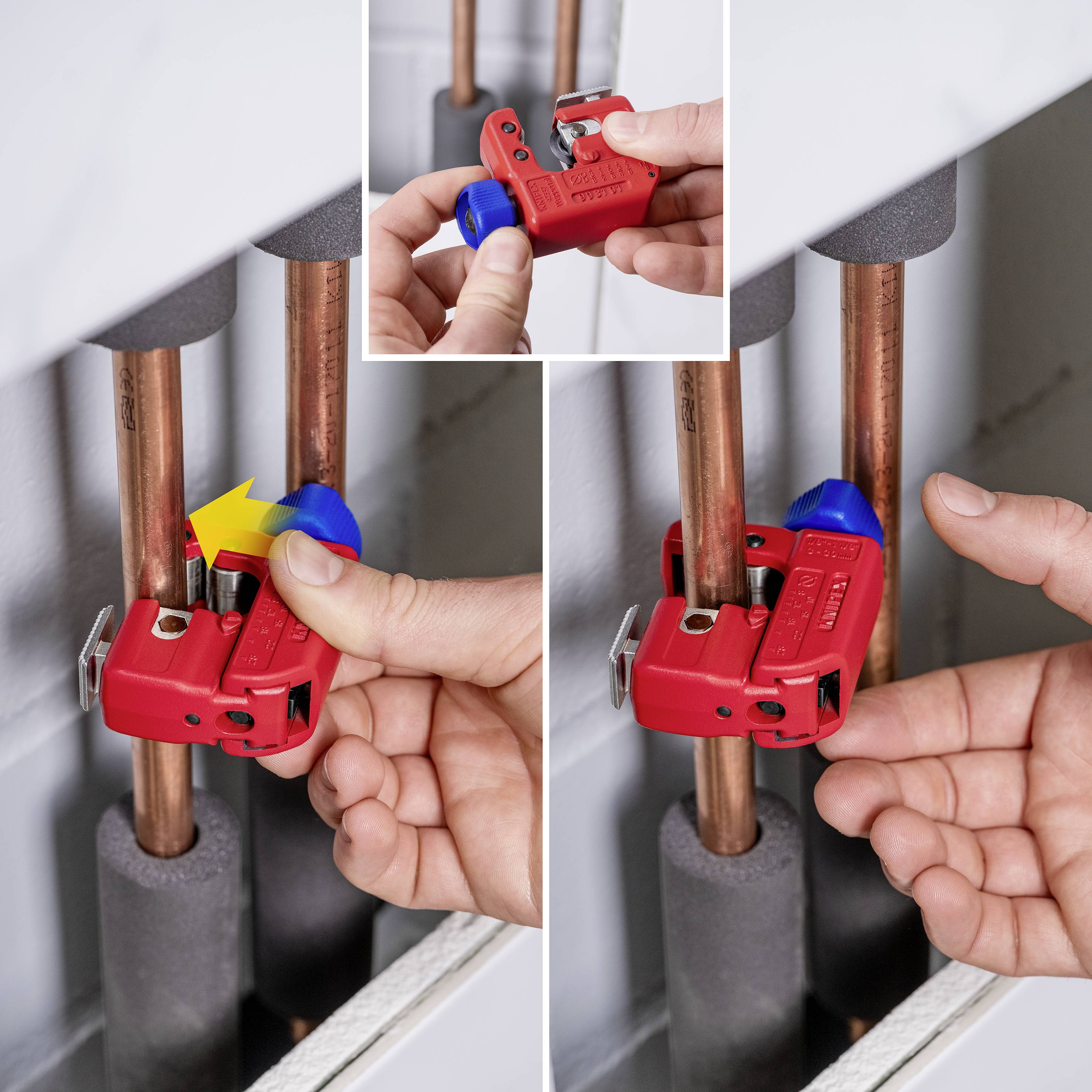 The image series demonstrates the installation of a red barricade device on copper pipes, explained step by step, with arrows.