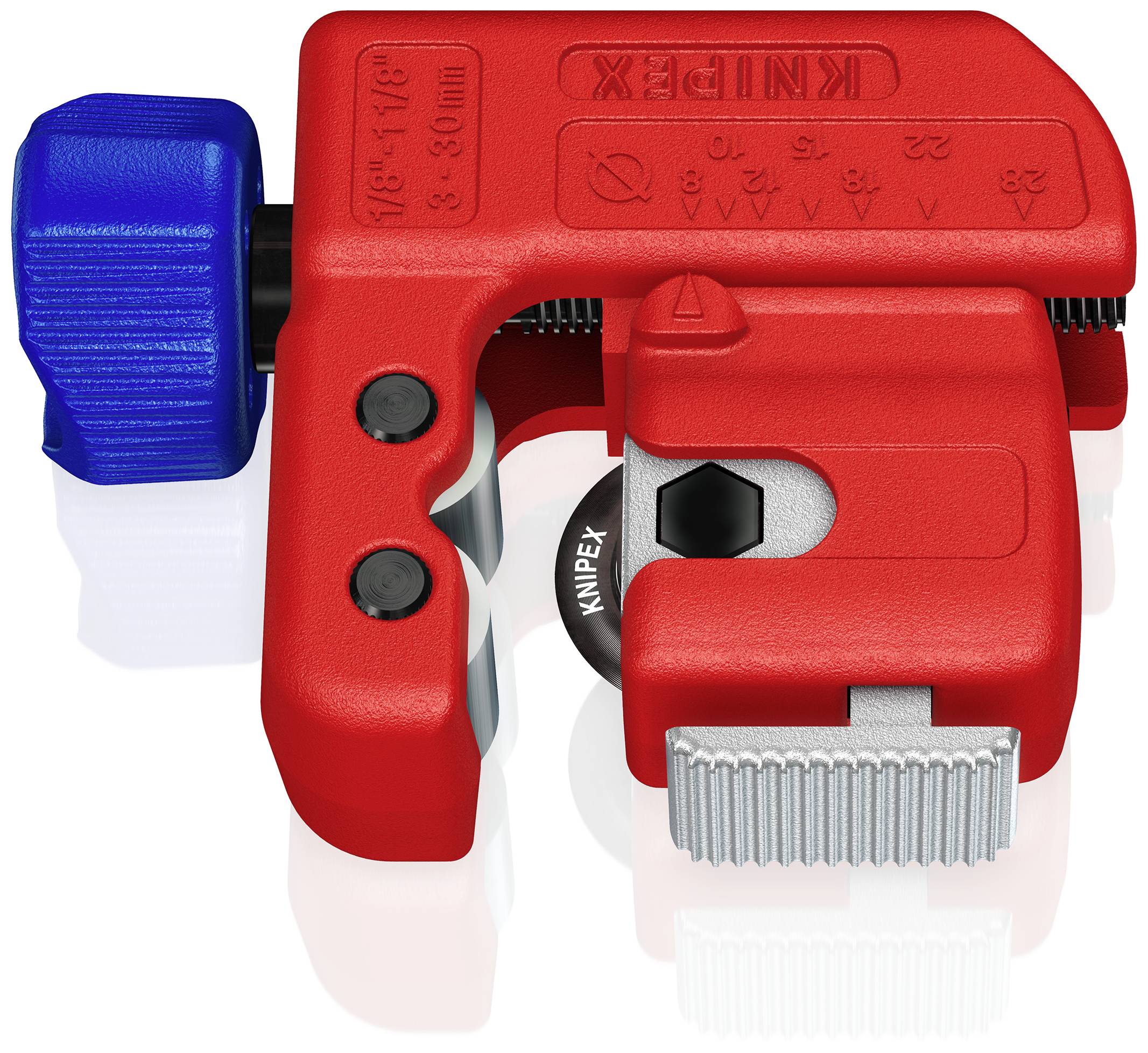 Red pipe cutting tool with blue handle and silver cutting wheel. Inscription: 'KNIPEX'. Used for precise metal pipe cutting.