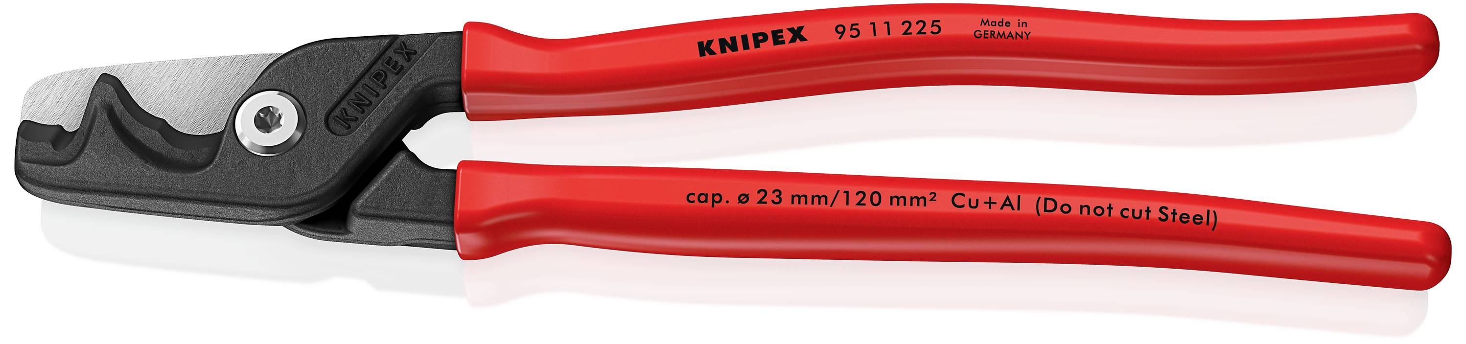 A red cable cutter with black cutting blades, suitable for cutting copper and aluminium cables up to 23 mm in diameter.
