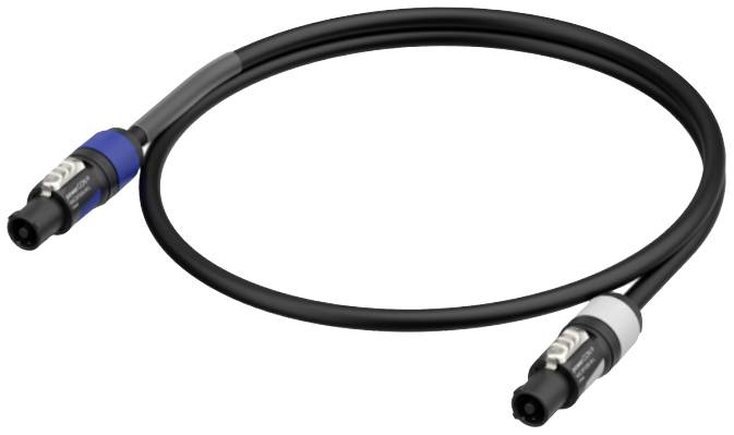 A black audio cable with two XLR connectors at the ends, one blue and one silver. It is used to connect audio components.