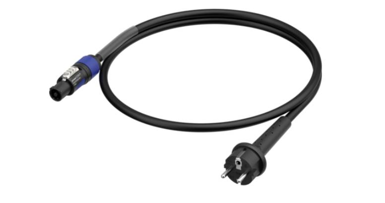 Black power cable with an IEC connector on one end and a mains plug on the other, typically used for audio equipment.