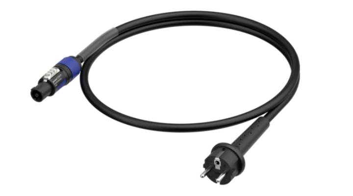 A black power cable with a European plug at one end and a blue locking plug at the other end.