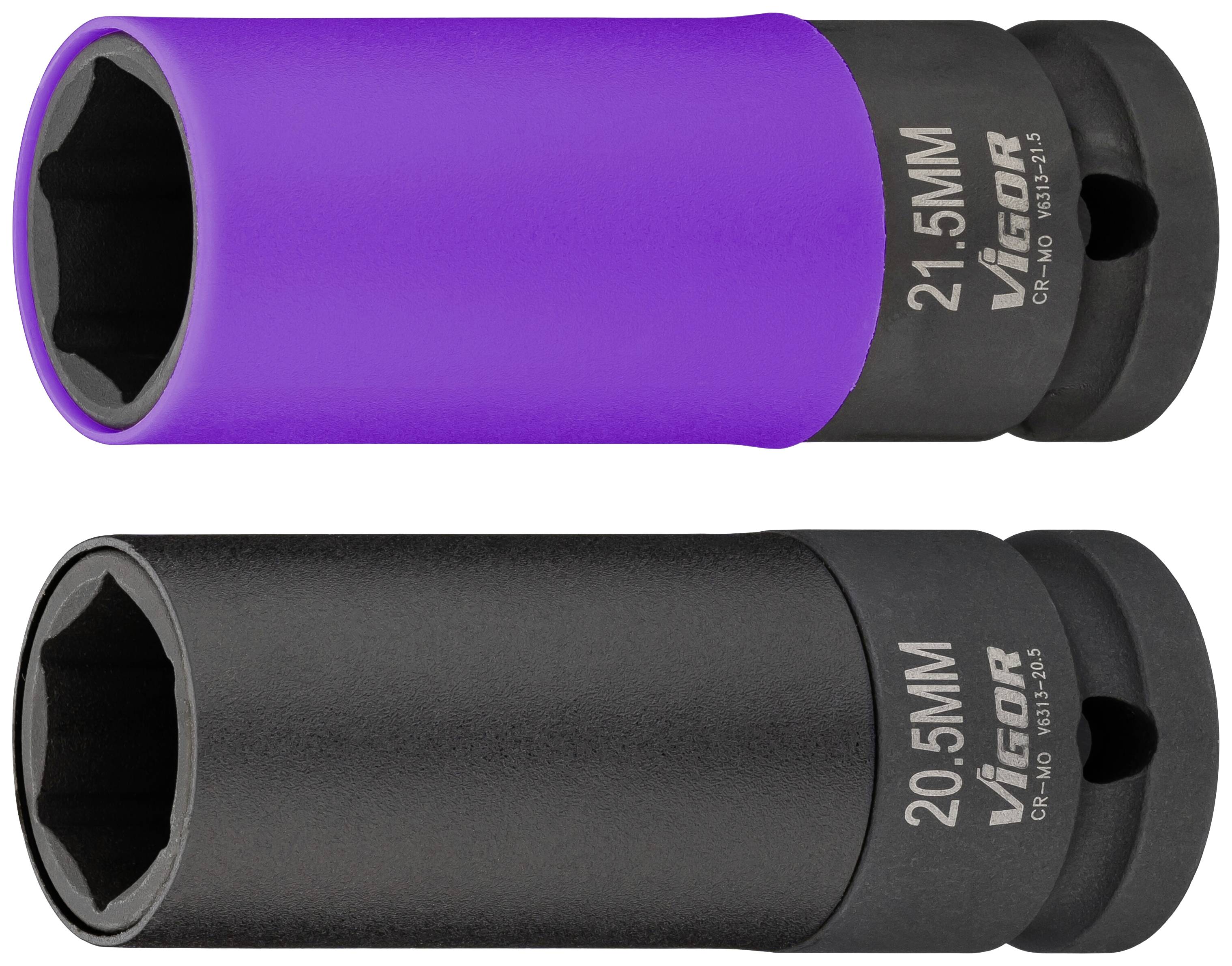 Two socket wrench inserts: one in purple (21.5 mm), one in black (20.5 mm), both marked with 'LICOTA'.