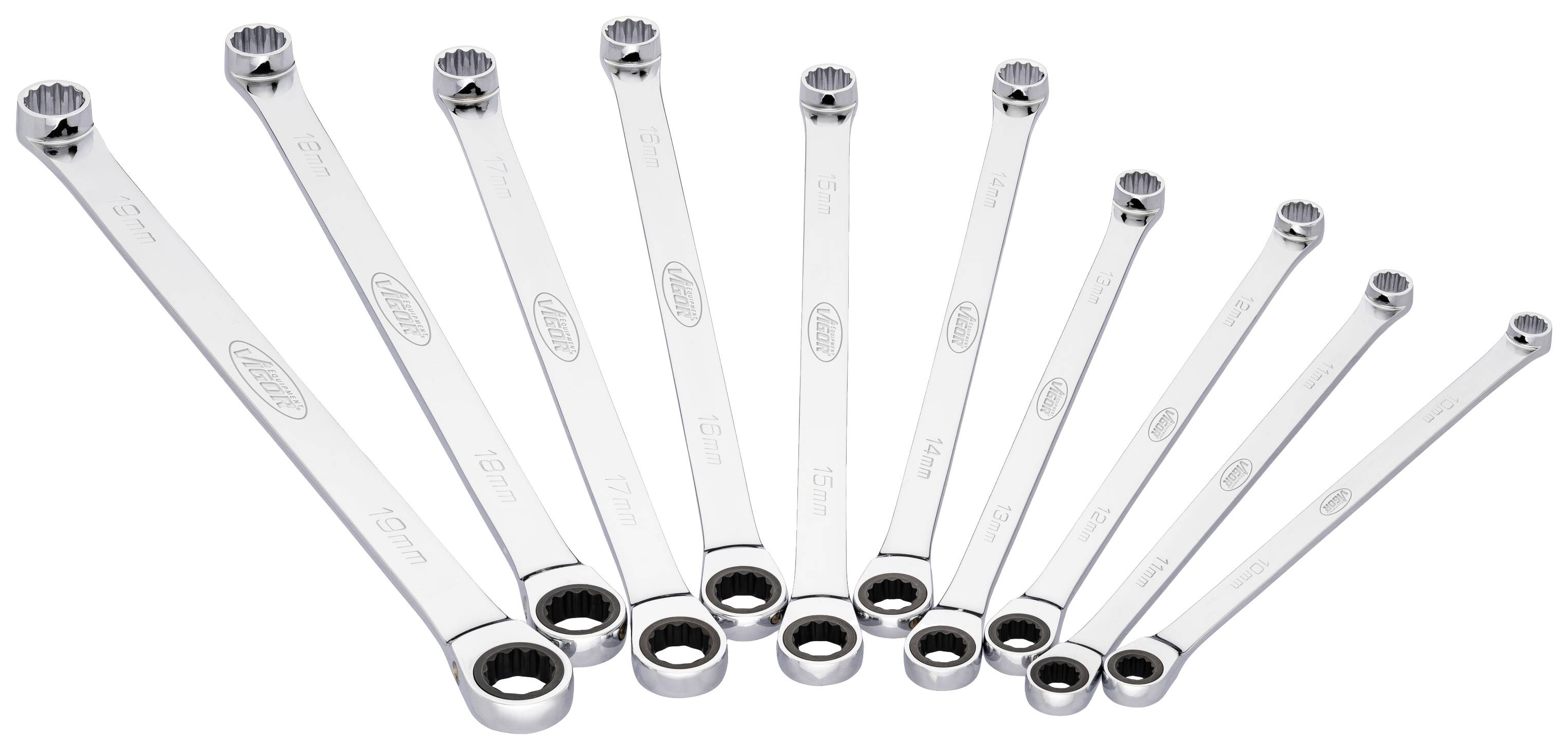 Several ring spanners in different sizes, neatly arranged side by side. They gleam metallically against a white background.