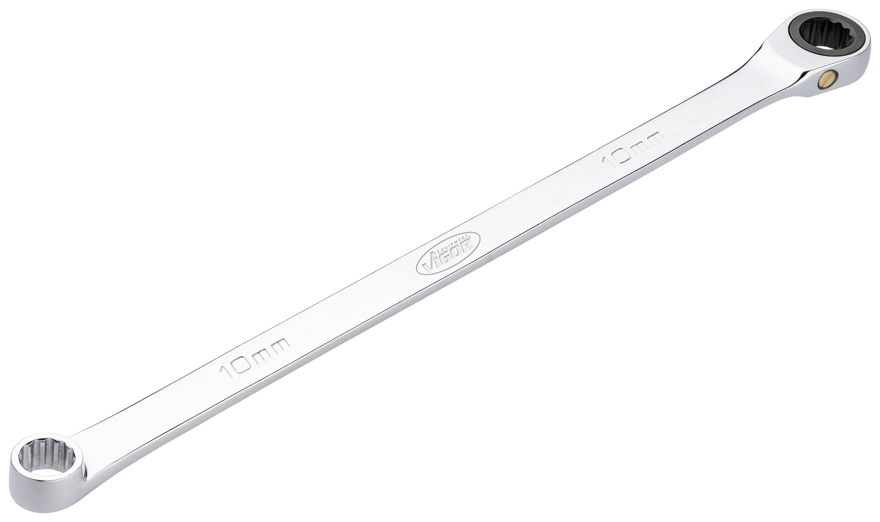 A silver ring spanner with two ends, marked with '10mm' and the brand, positioned horizontally.