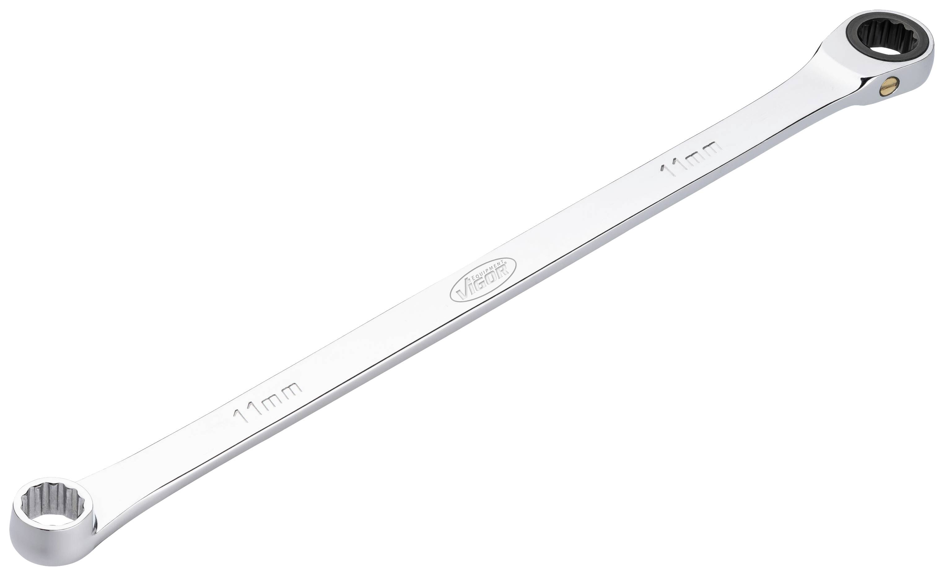 A long, narrow ring spanner made of metal with two heads, both with an opening of 11 mm.