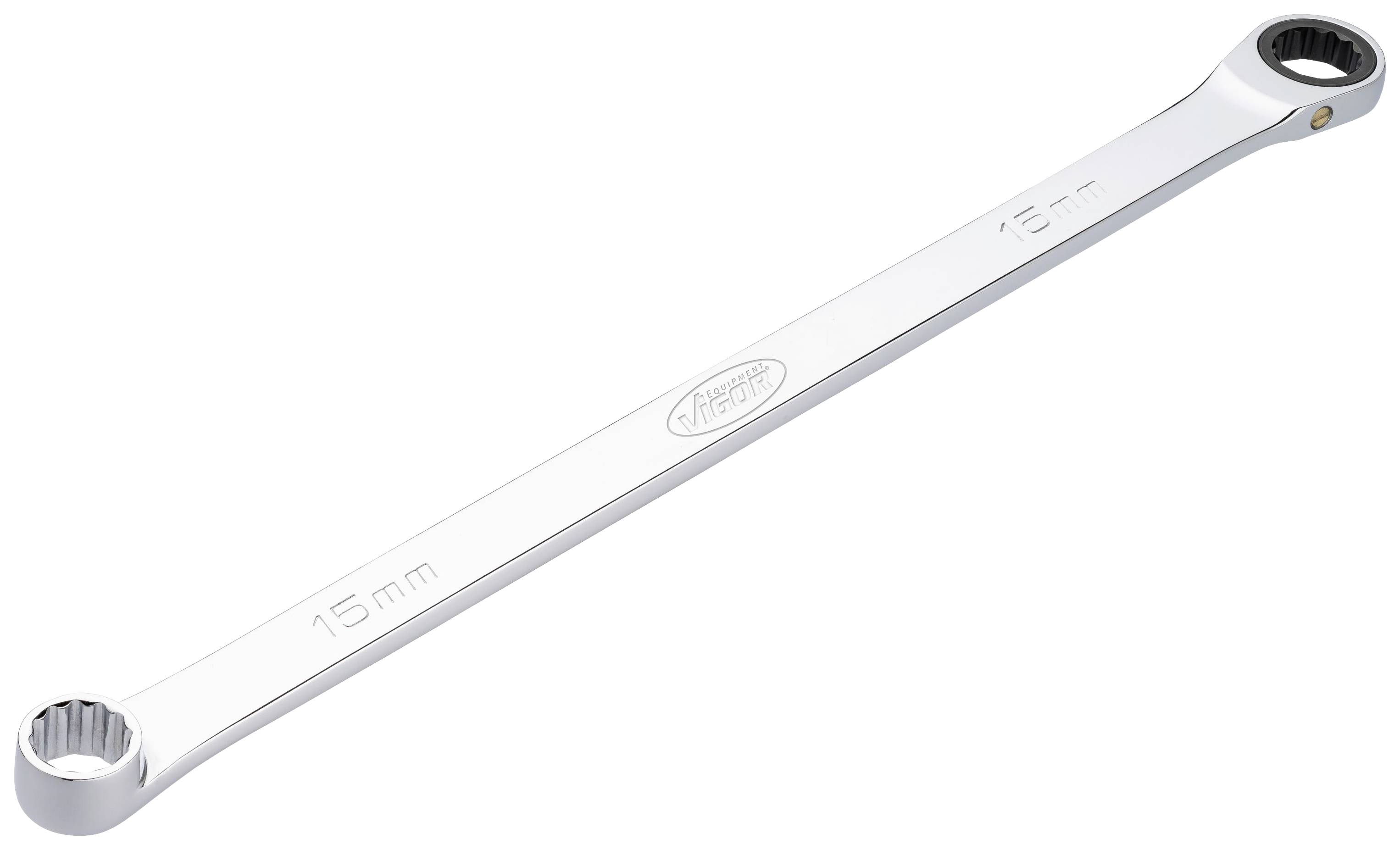 Metal combination spanner, 15 mm, with a closed ring spanner opening at both ends. Suitable for mechanical work.