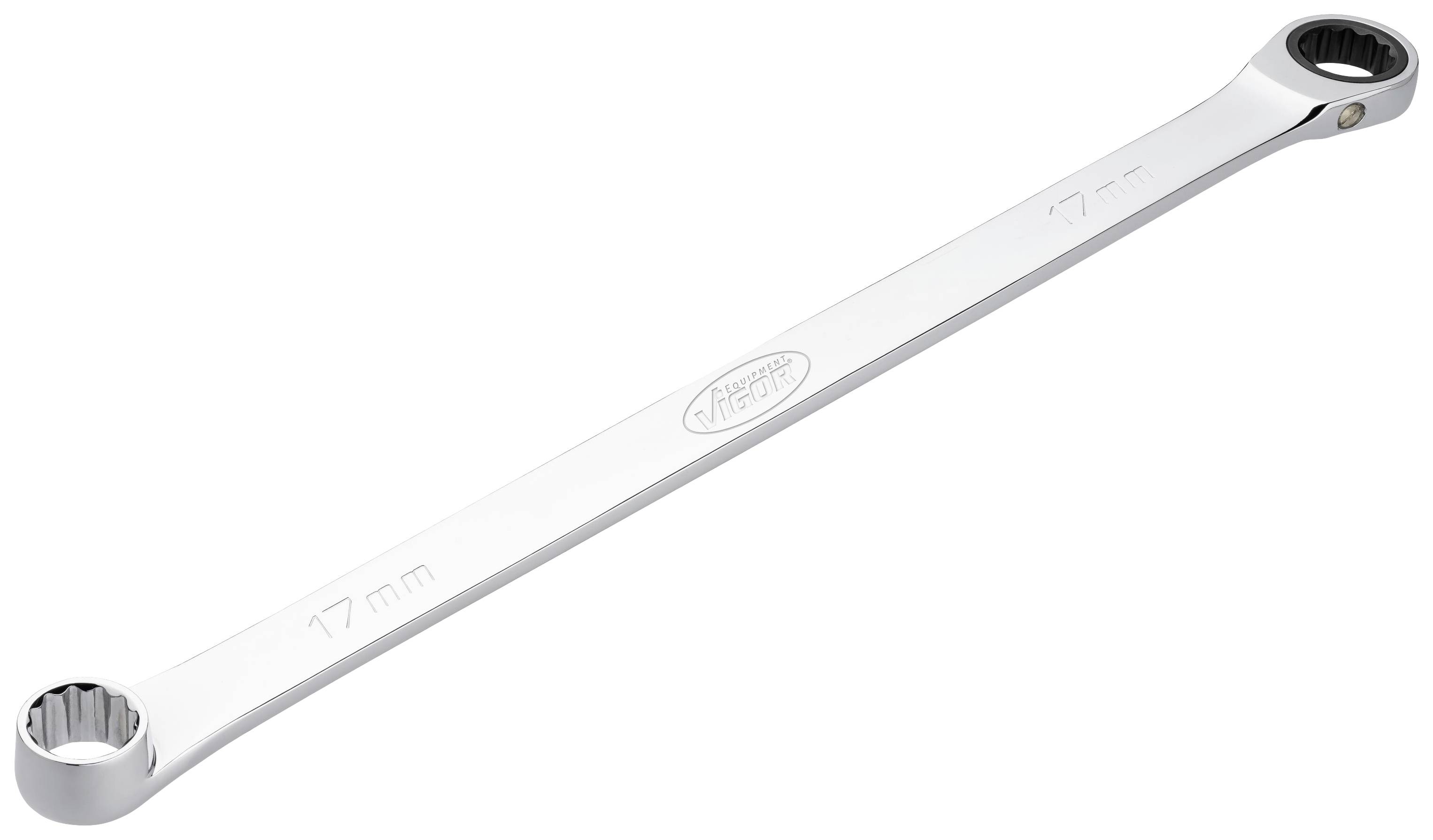 A silver double-sided ring spanner made of metal with a 17 mm size marking on the surface.