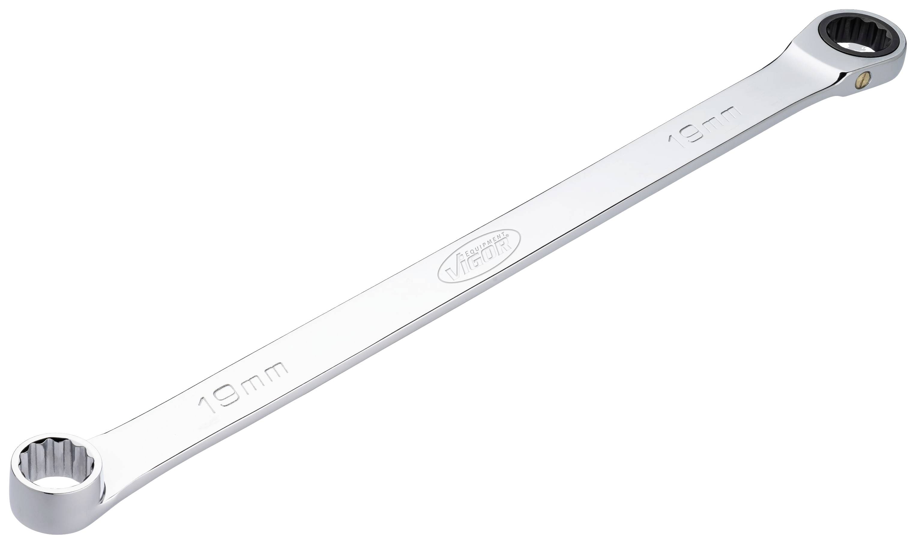 A double-ended spanner with two rings at the ends and marked '19mm' and '21mm', made of chrome-plated metal.
