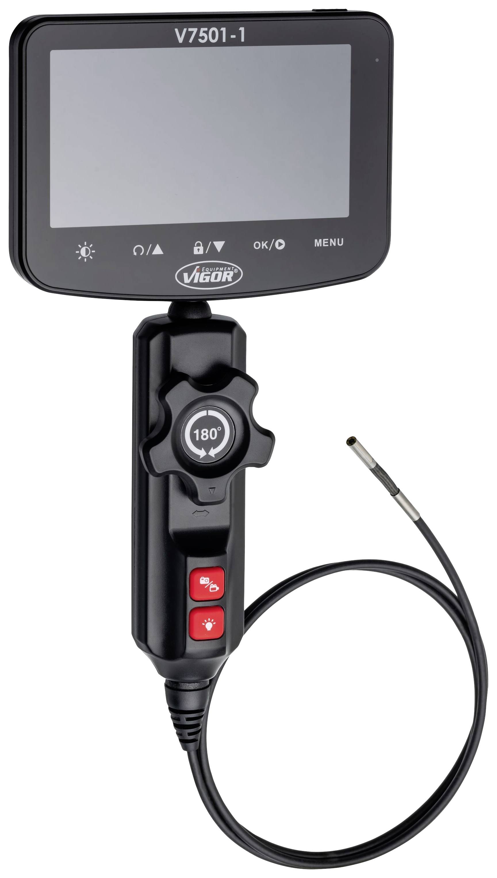 Endoscope with screen and flexible probe, control and menu selection buttons on the handle. Display field shows 'V7501-1'.