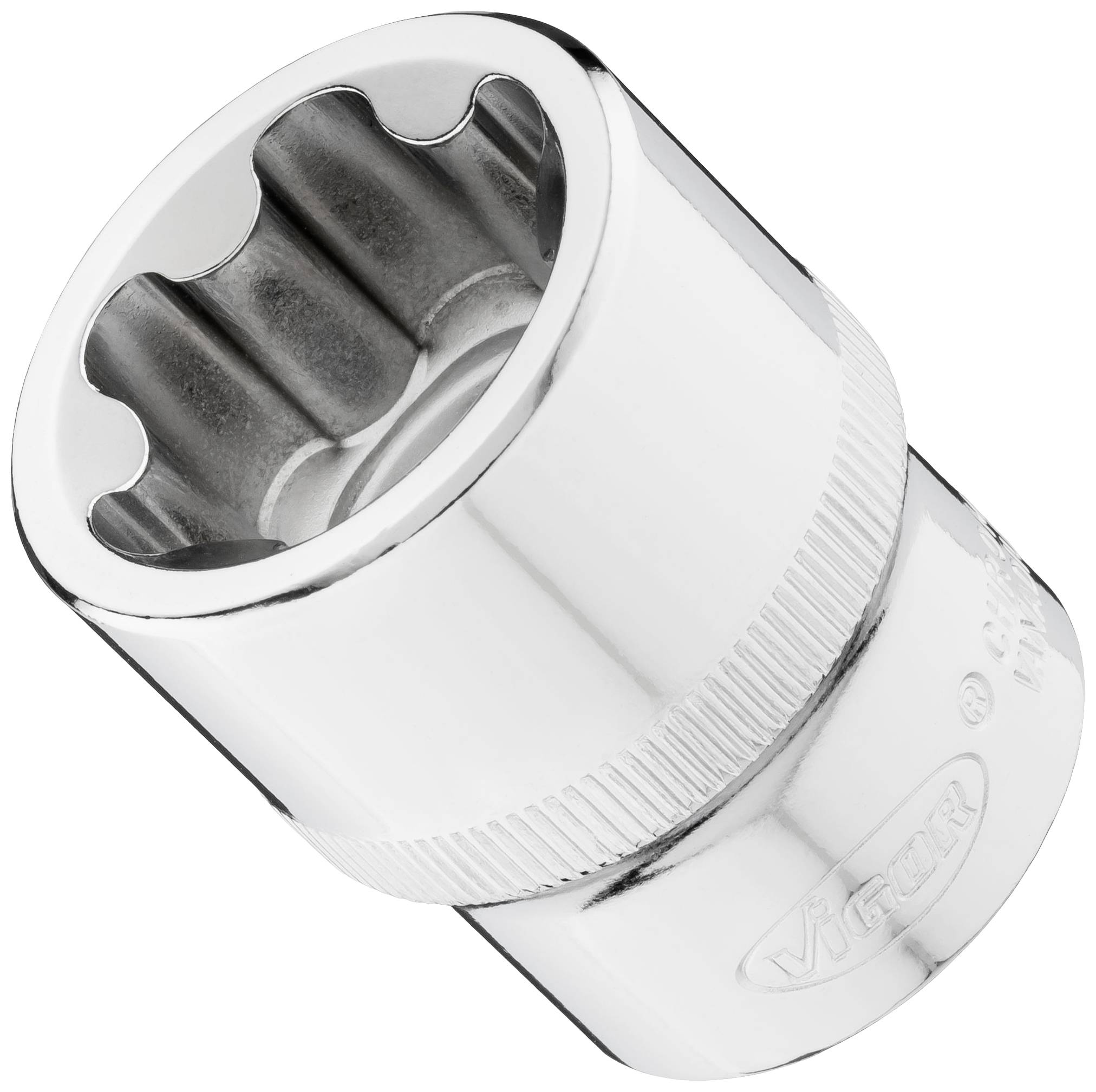 Chrome-plated hexagonal socket nut, suitable for use with spanners or ratchet drivers.