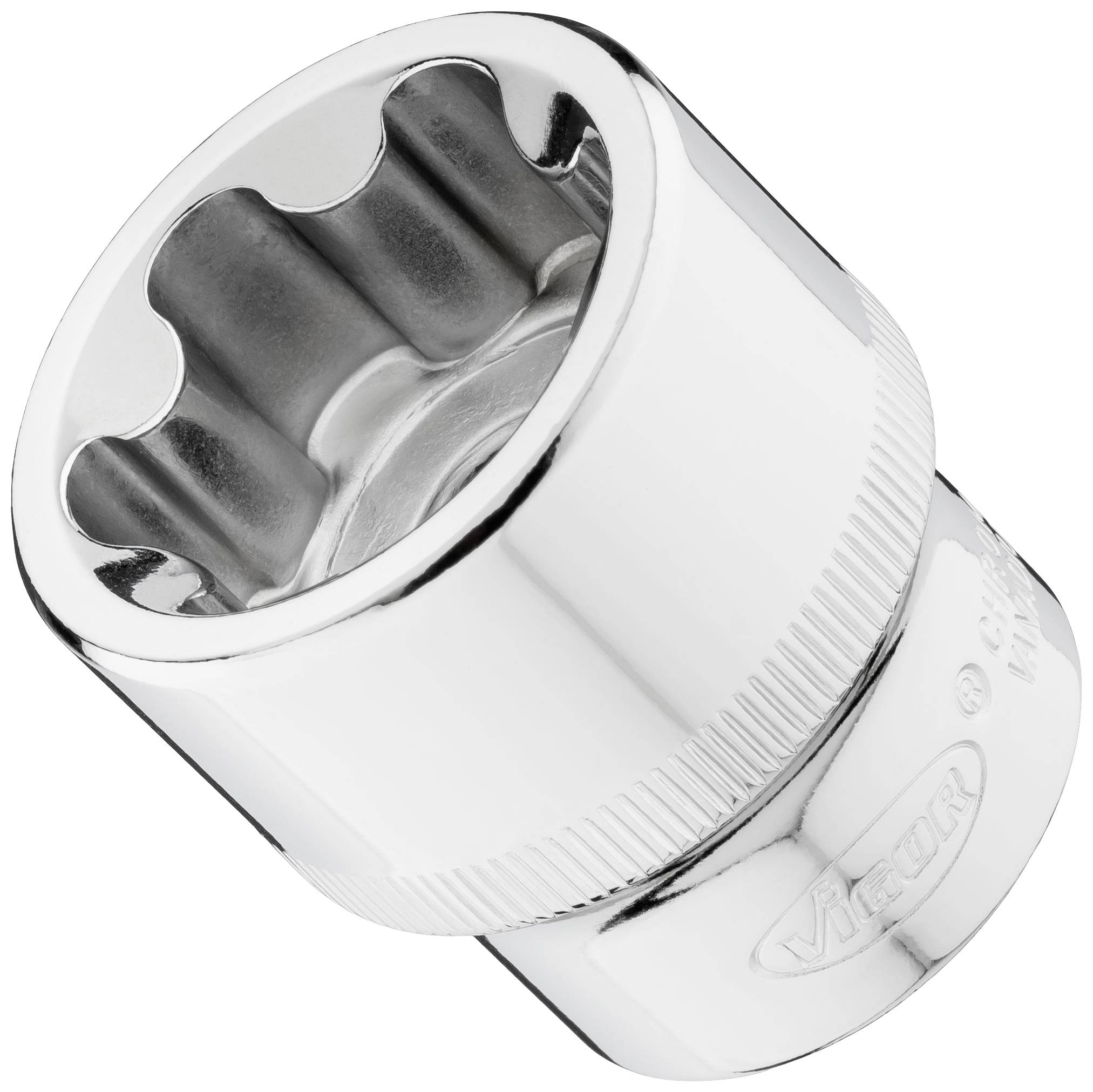 Metal hexagonal socket nut with a shiny surface, slightly diamond-textured grip pattern for improved grip.