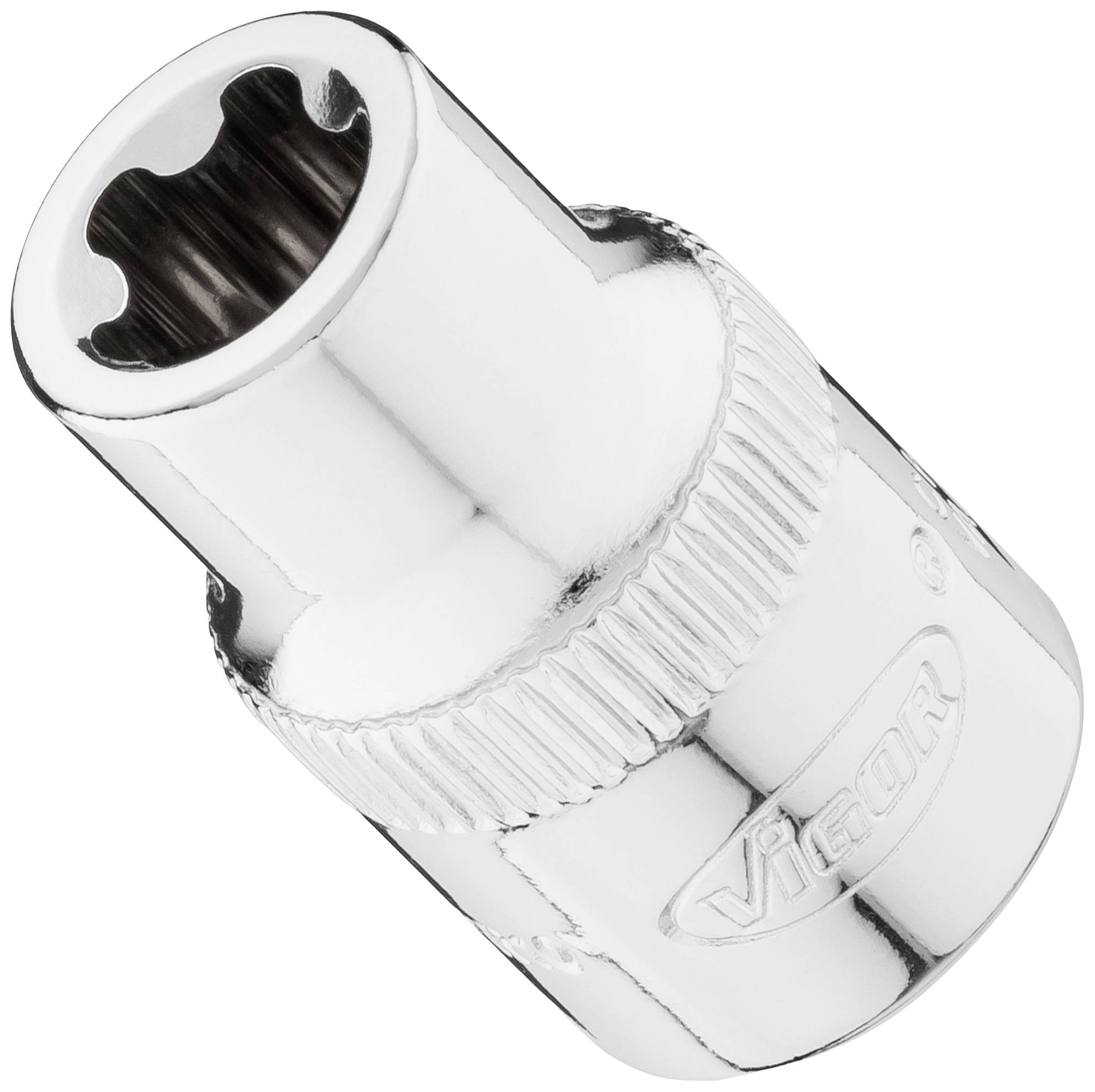 A silver socket extension with 'Vigor' inscription, knurled surface, and rounded end.
