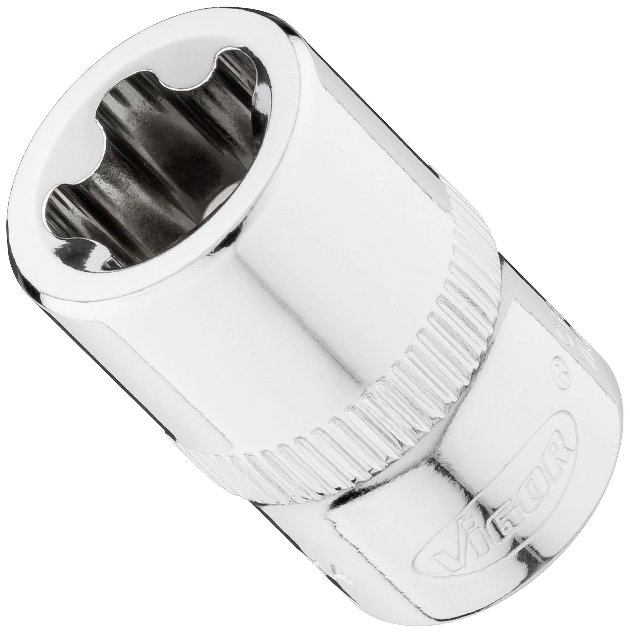 Metallic hexagonal socket nut. High-gloss polished, designed for screw applications.