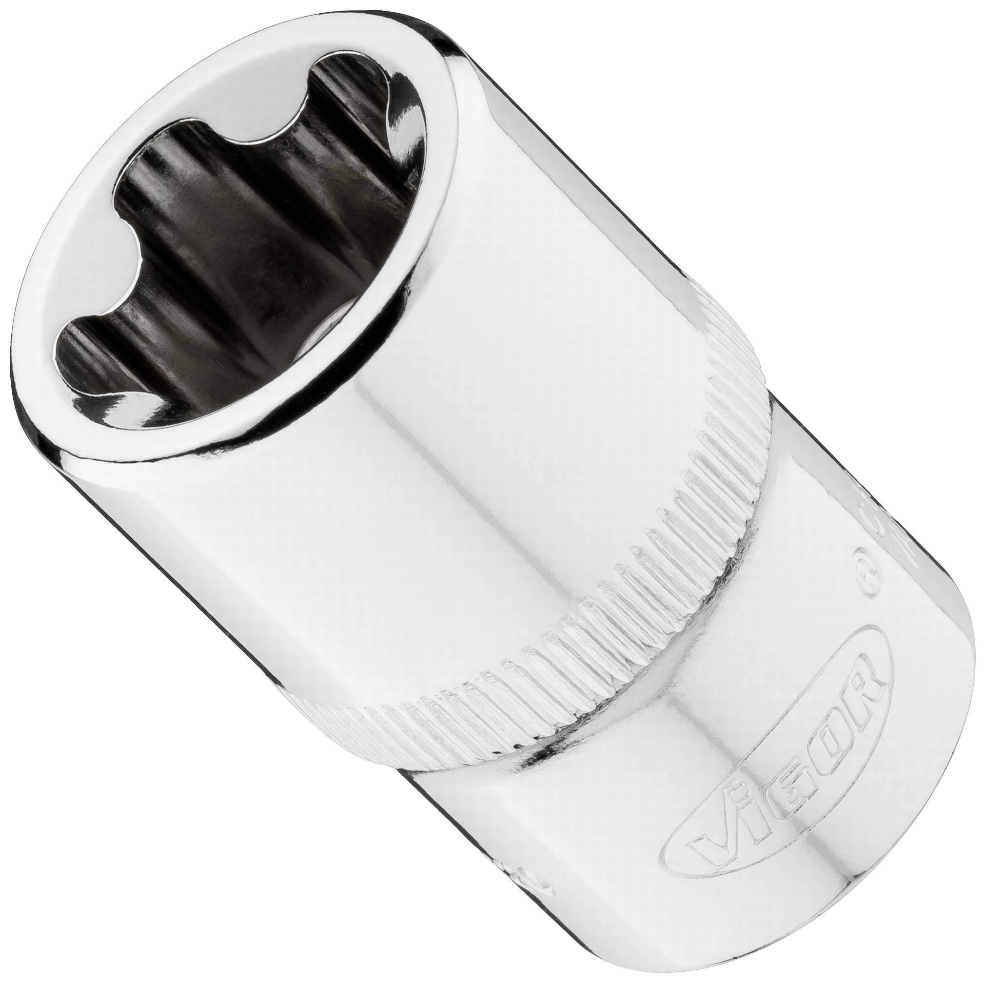 A chrome-plated socket with an internal hexagon profile, side-marked 'VICOR'. Used for screw and nut fastening.