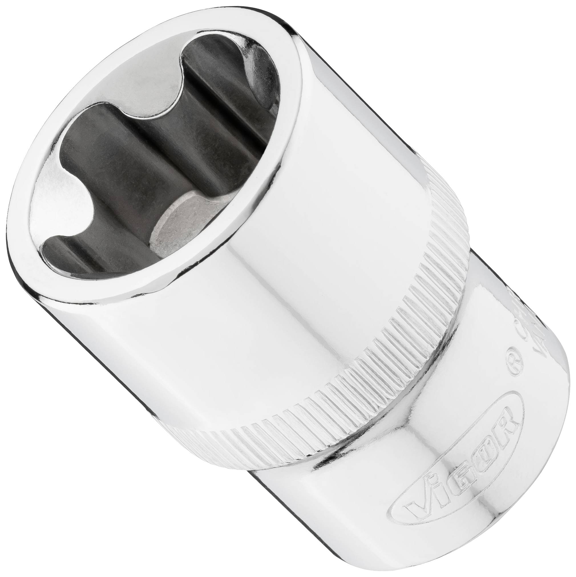 A silver socket attachment with a fluted edge and an inset square recess, slightly angled to the side.
