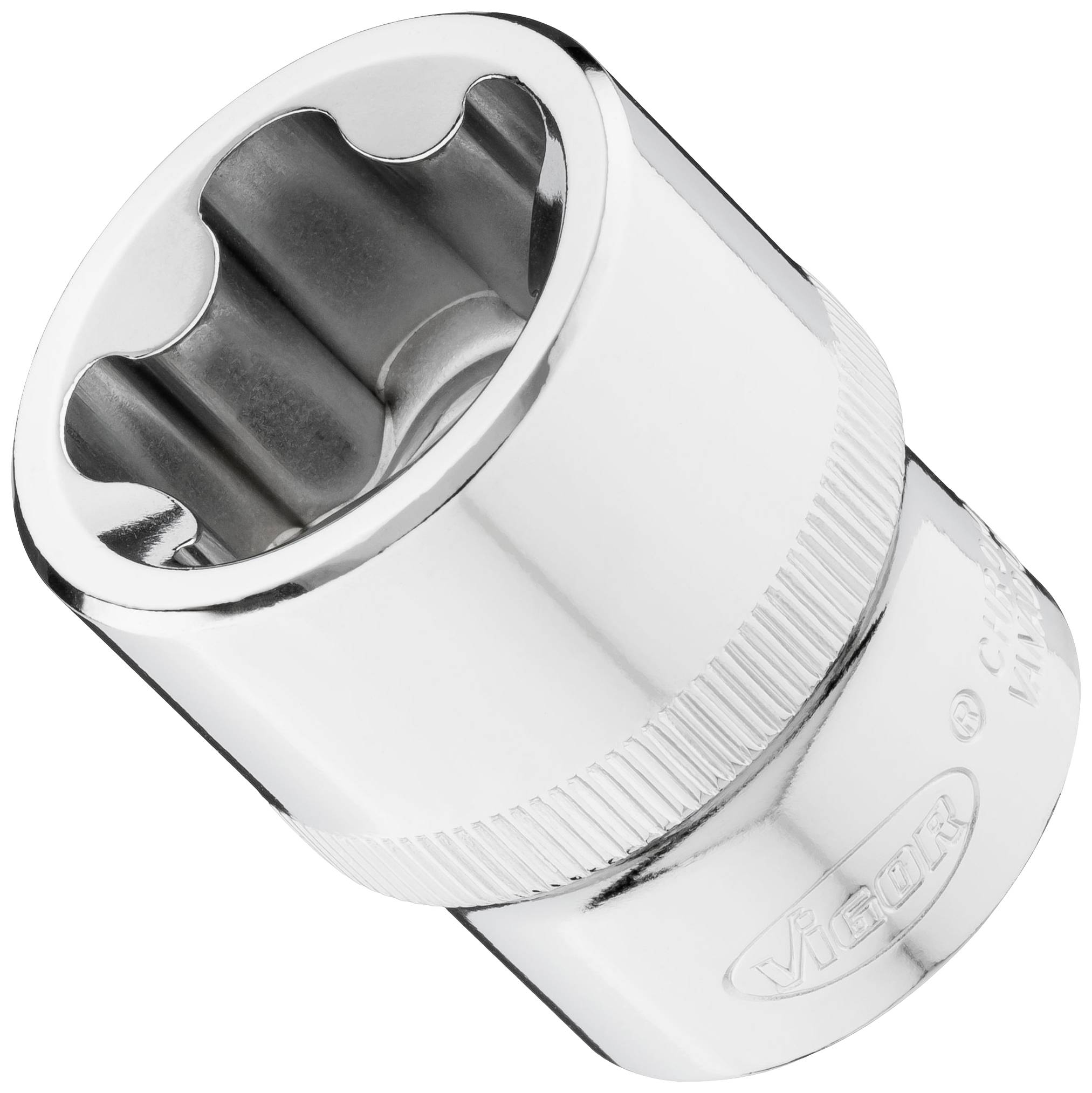 A silver socket attachment, gleaming and metallic, with a hexagonal interior space for tightening or loosening nuts.