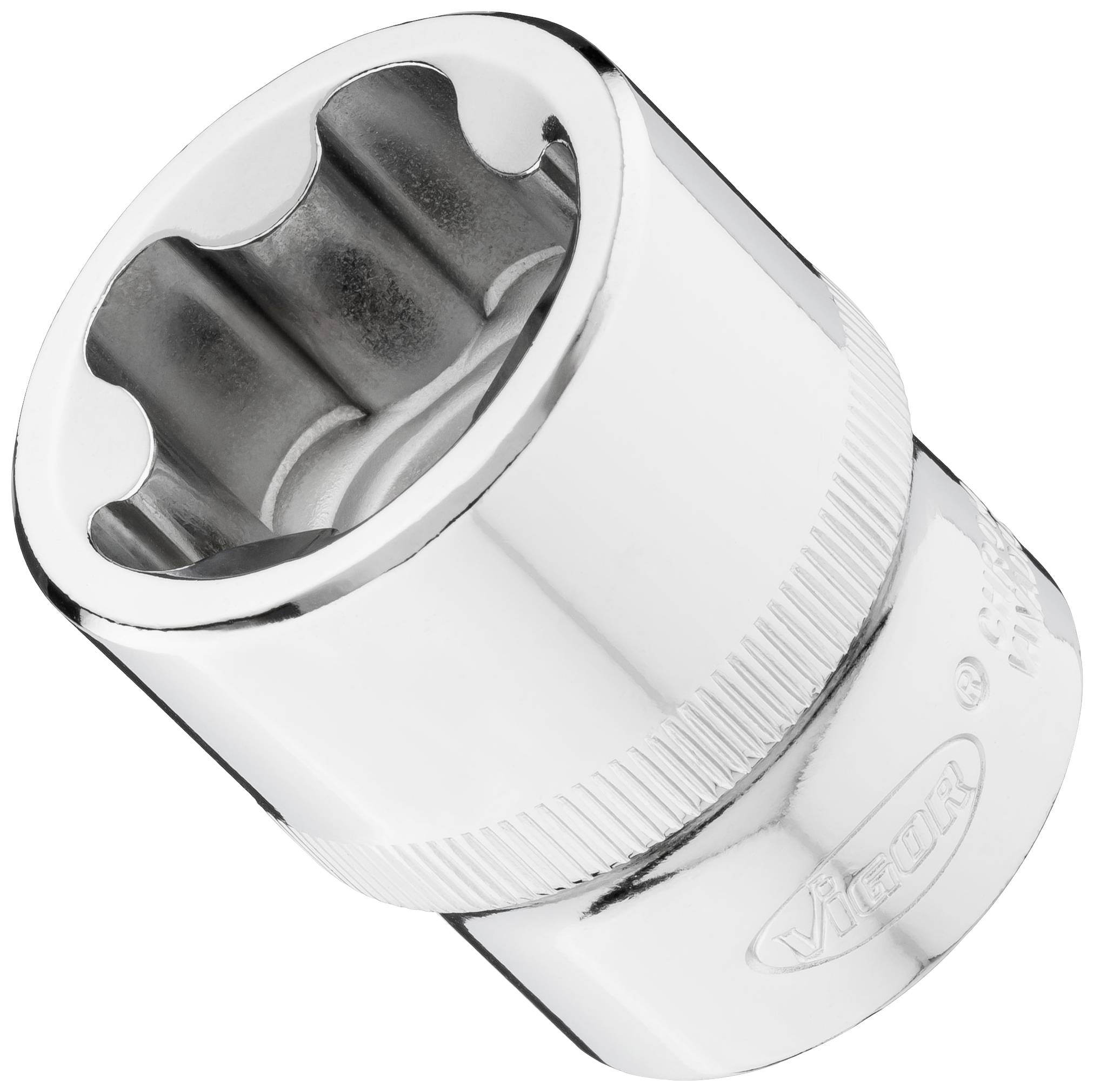 A chrome-plated socket for spanners with a hexagonal opening, suitable for gripping nuts or screw heads.