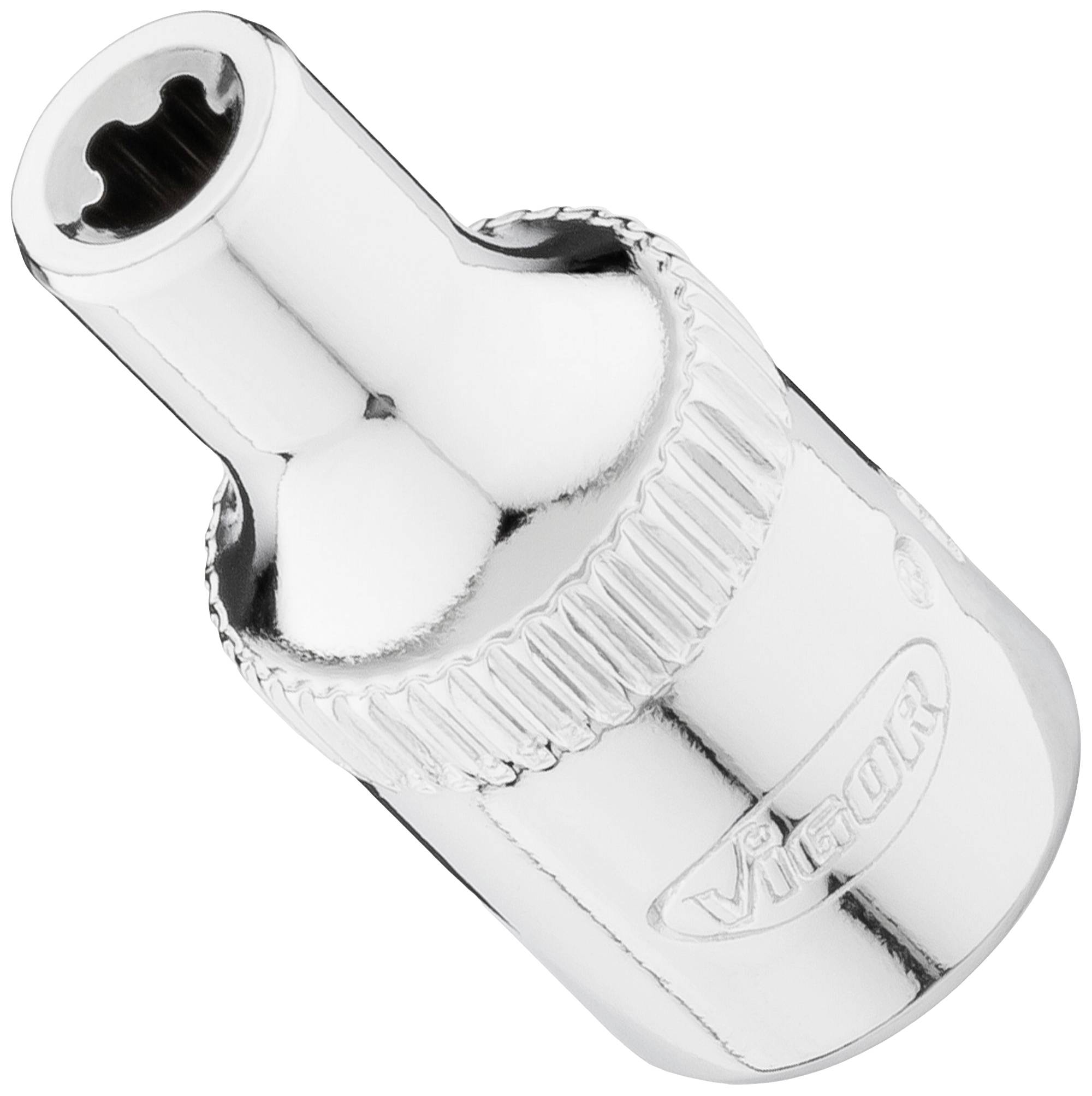 Chrome-coloured socket insert with 'Vigor' logo, suitable for spanners, in cylindrical form with a knurled edge.