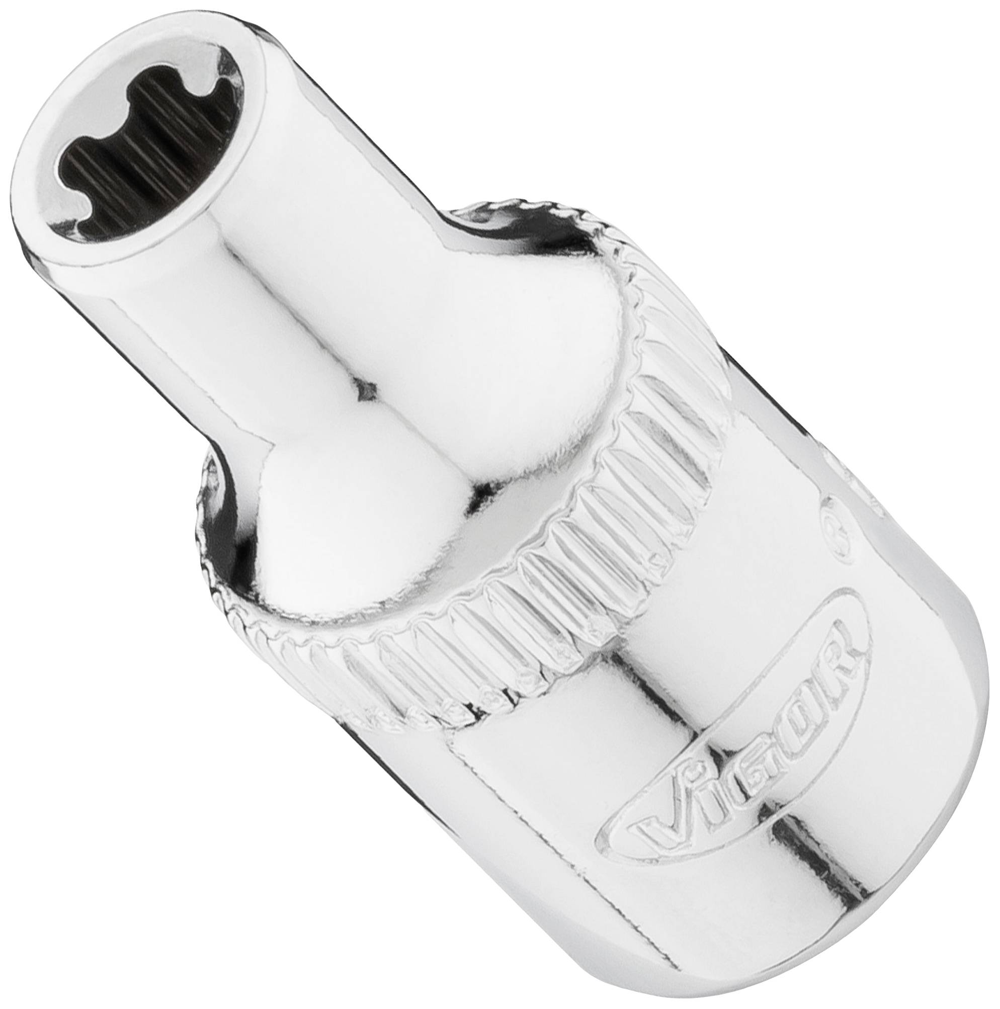 A silver socket attachment with a cylindrical shape and lateral marking. Tool for mechanical work.