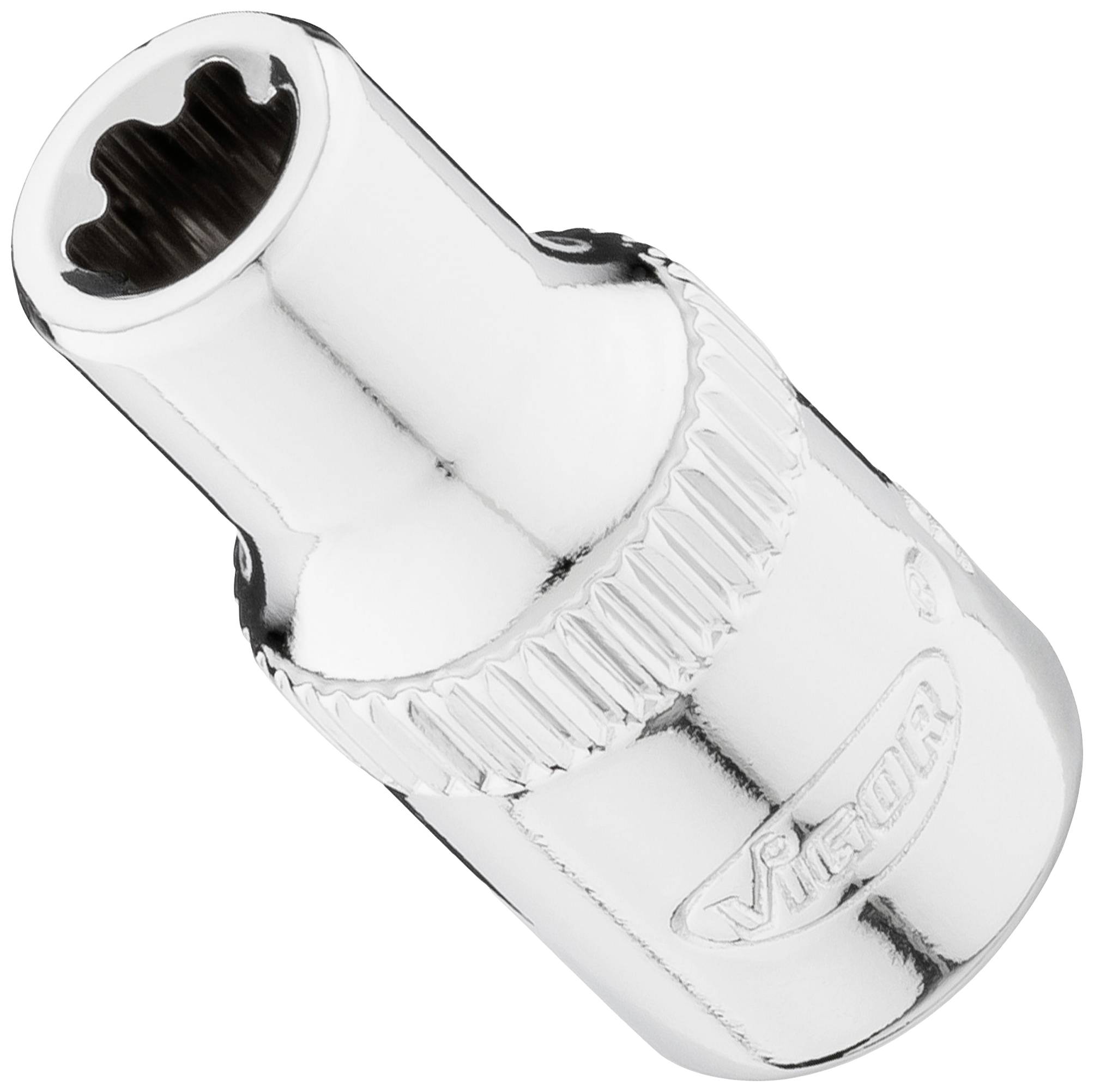 A gleaming, metallic socket nut with a ridged shaft and a hexagonal internal profile. Engraved with the brand name in the centre.
