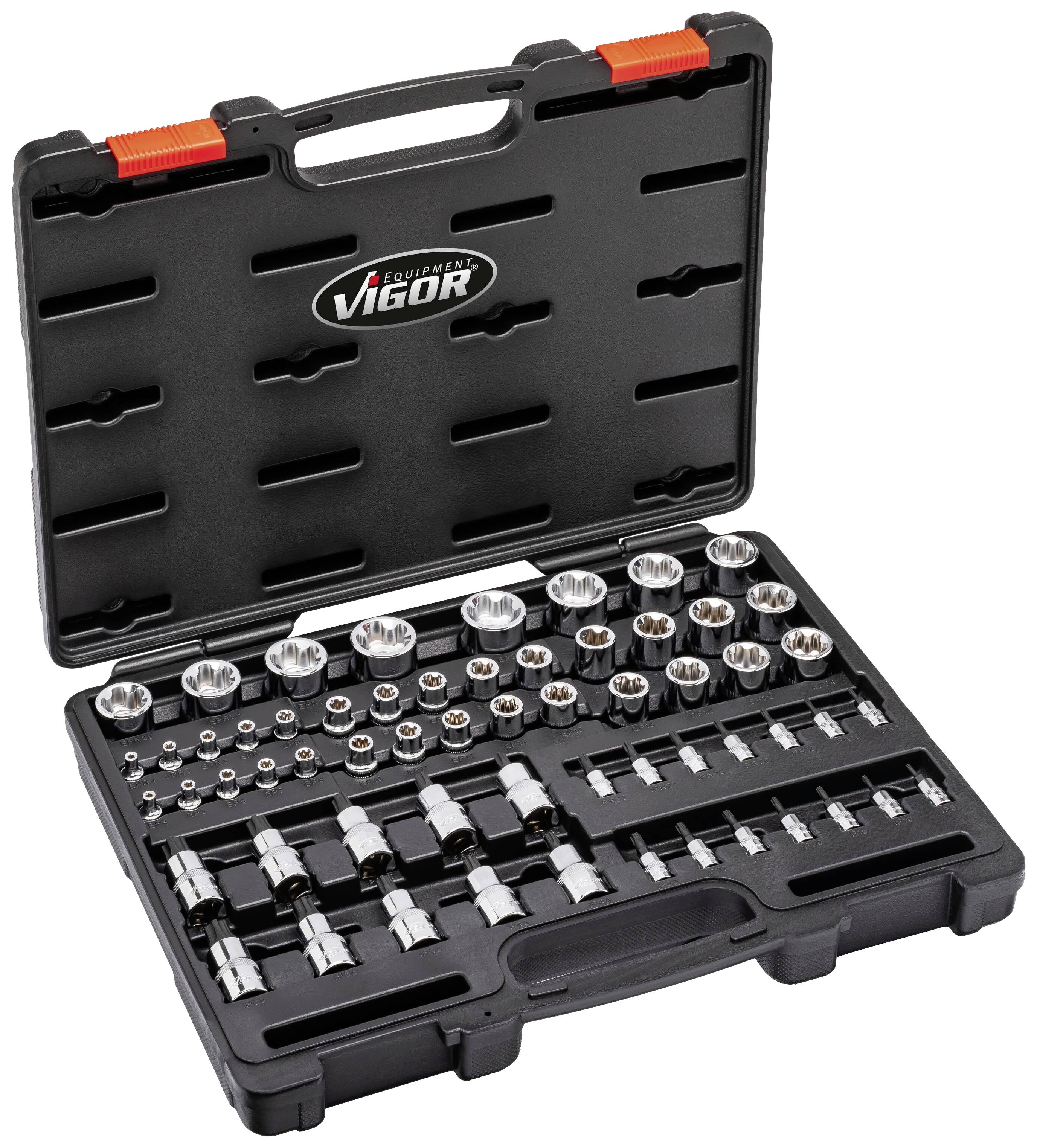 Vigor tool case with various socket wrenches and tool attachments.