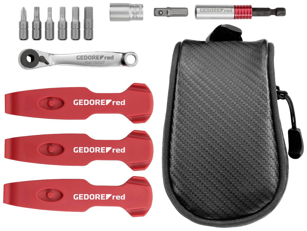 Bicycle Repair Kit with Ratchet, Bits, Tyre Levers and Bag. Contains Metal and Plastic Parts in Red and Grey.