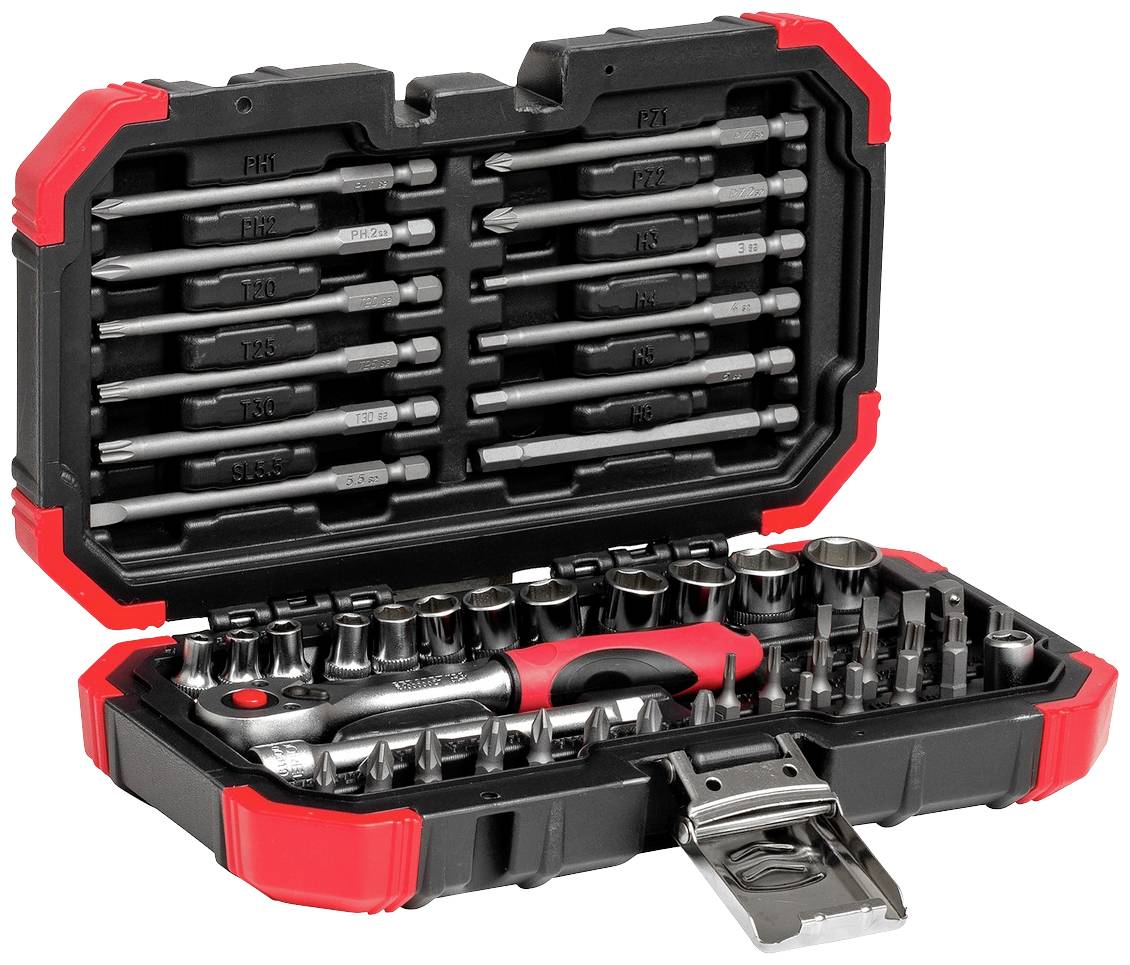 An open toolbox with various screwdrivers and socket wrenches. The case has red and black accents.