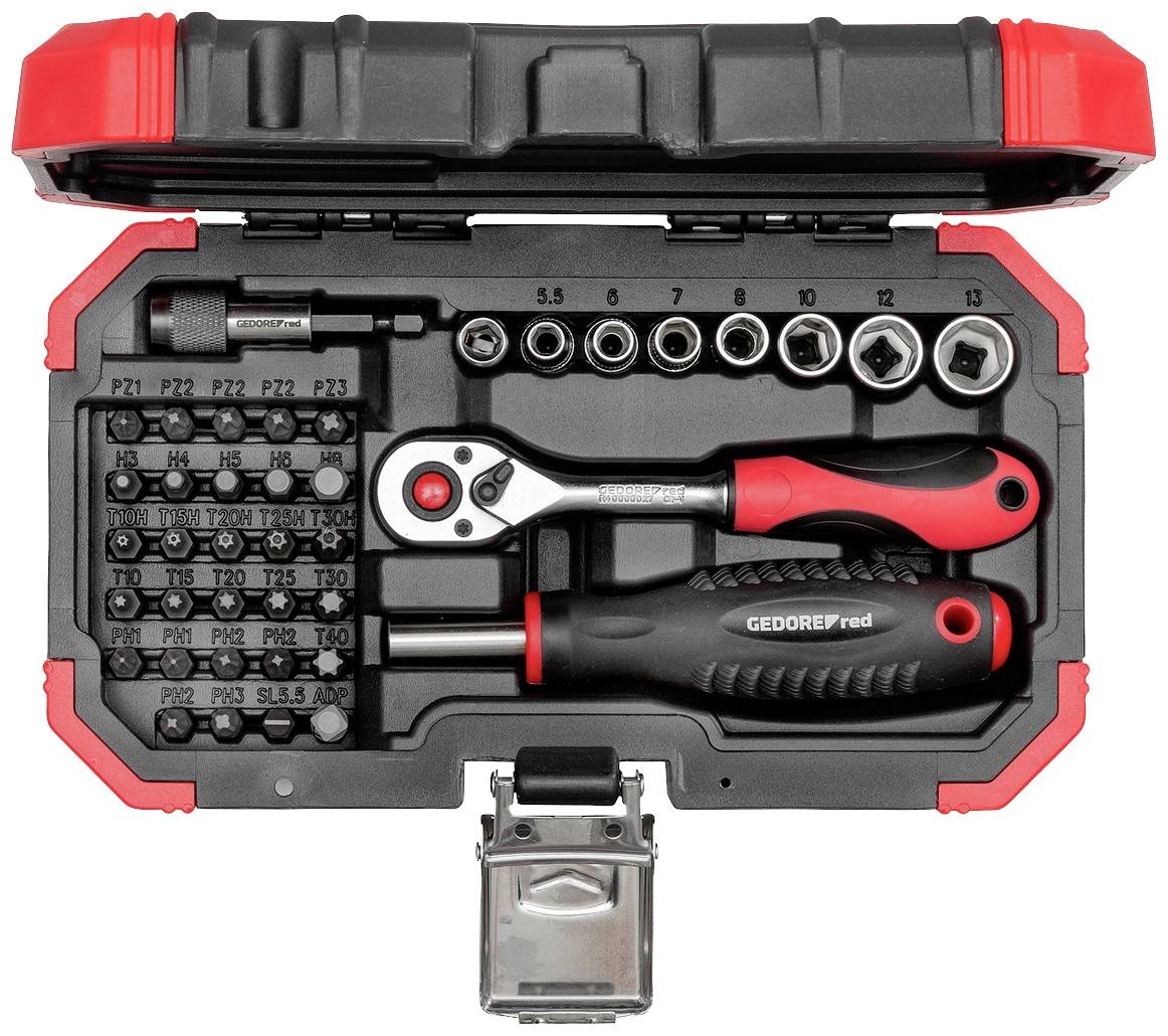 An open toolbox with screwdrivers, nuts and bits in various sizes. Predominantly black with red accents.
